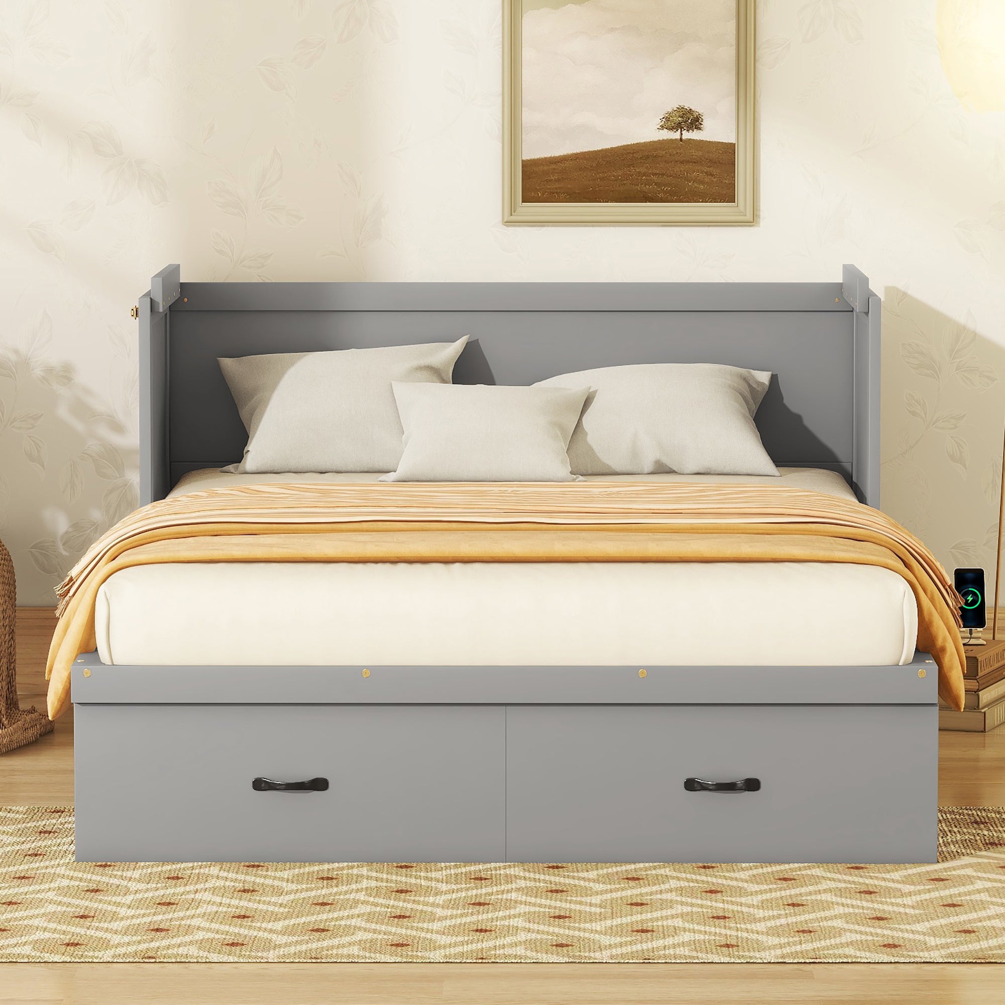 Queen Size Murphy Bed With Usb Port And A Large Drawer, Gray Gray Solid Wood Mdf