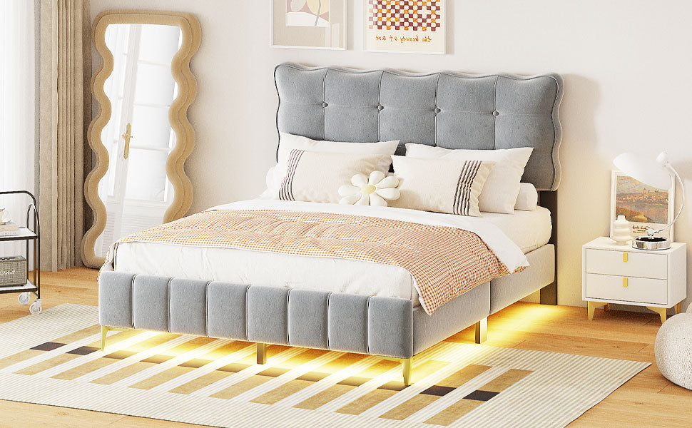 Queen Size Velvet Platform Bed With Led Frame And Stylish Mental Bed Legs, Gray Gray Velvet