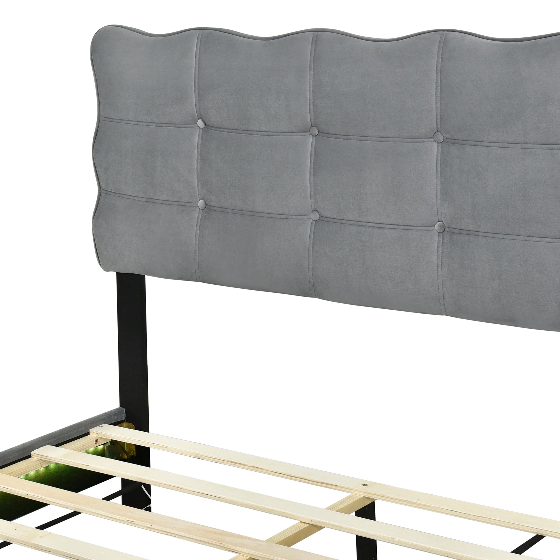 Full Size Velvet Platform Bed With Led Frame And Stylish Mental Bed Legs, Gray Gray Velvet