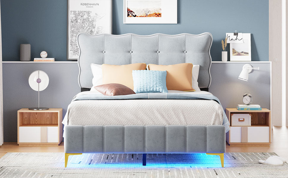 Full Size Velvet Platform Bed With Led Frame And Stylish Mental Bed Legs, Gray Gray Velvet