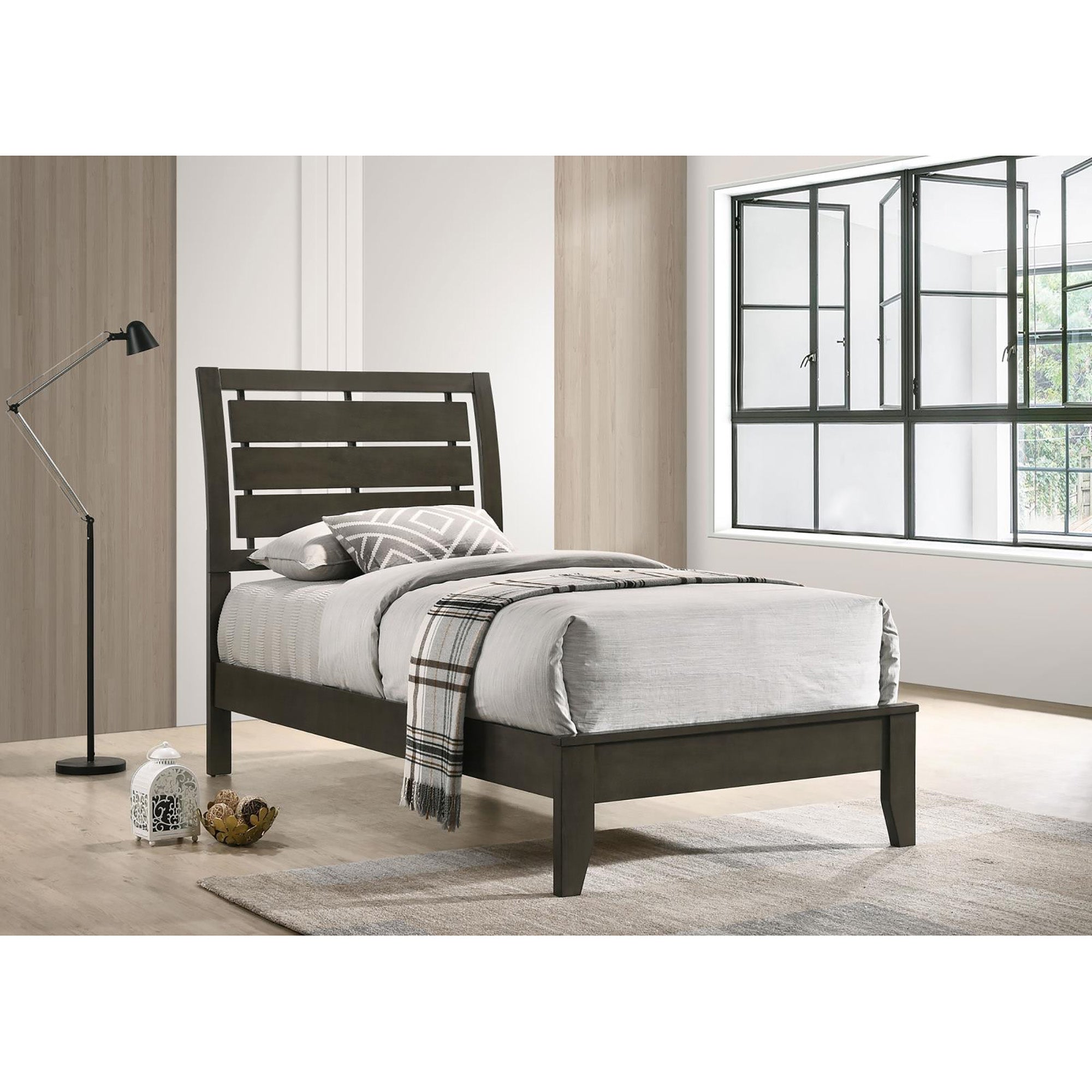 Mod Grey Slat Back Twin Panel Bed Box Spring Required Twin Grey Wood Bedroom Transitional Rubberwood Panel Wood