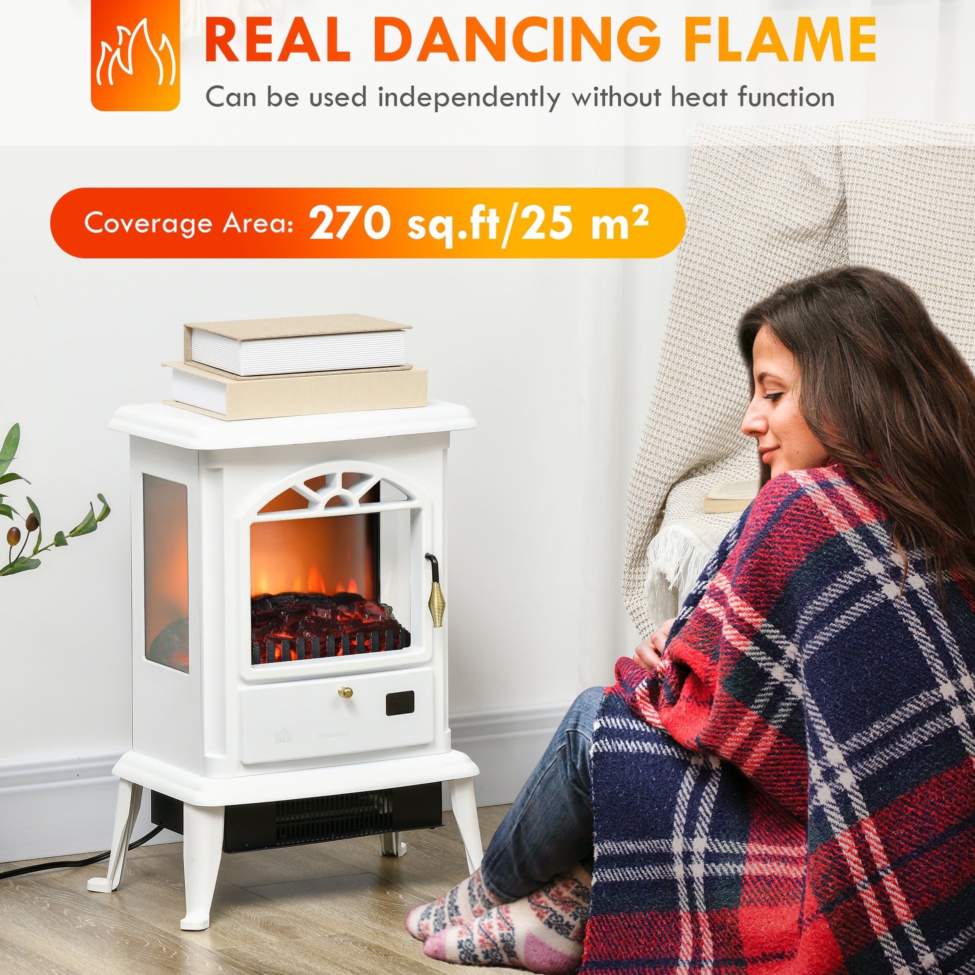 Homcom 23" Electric Infrared Fireplace Stove, Freestanding Fire Place Heater With Realistic Log Flame, Adjustable Temperature, Timer, 1000W 1500W, White White Abs