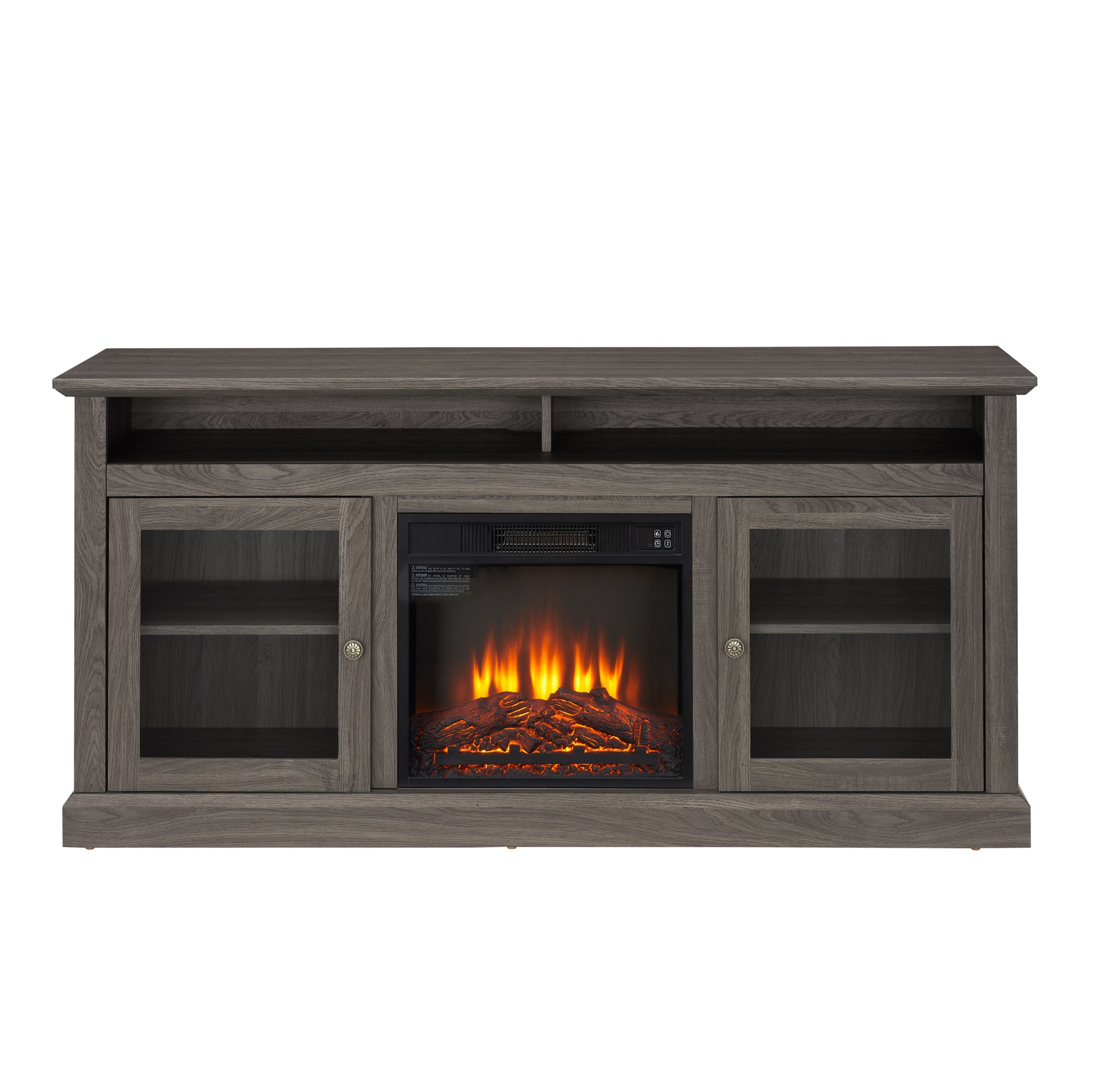 Contemporary Tv Media Stand Modern Entertainment Console With 18" Fireplace Insert For Tv Up To 65" With Open And Closed Storage Space, Dark Walnut Black, 60"W*15.75"D*29"H Black Dark Walnut Primary Living Space 60 69 Inches 60 69 Inches 65 Inches Mdf