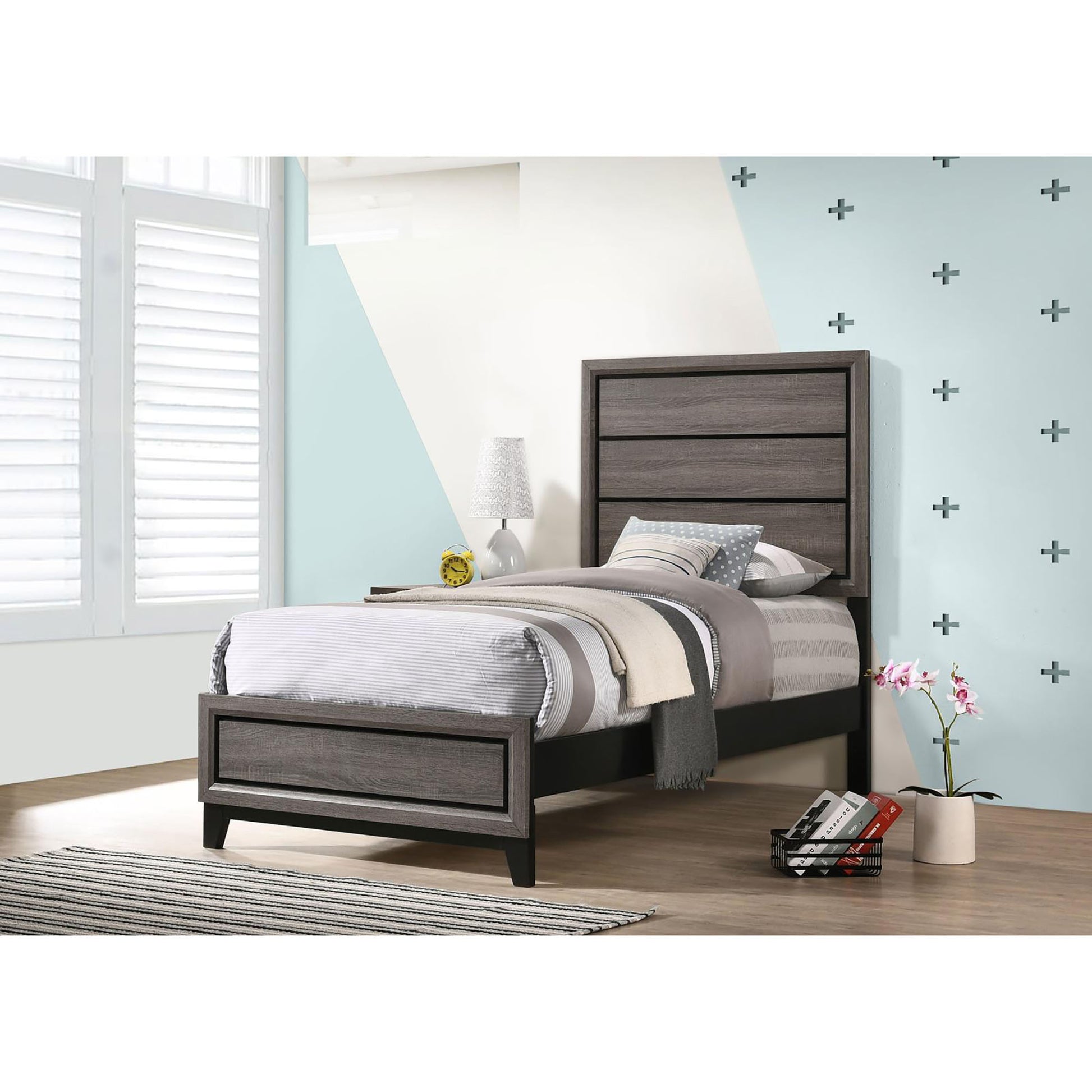 Grey Oak Twin Panel Bed Box Spring Required Twin Grey Wood Bedroom Transitional Kids Wood