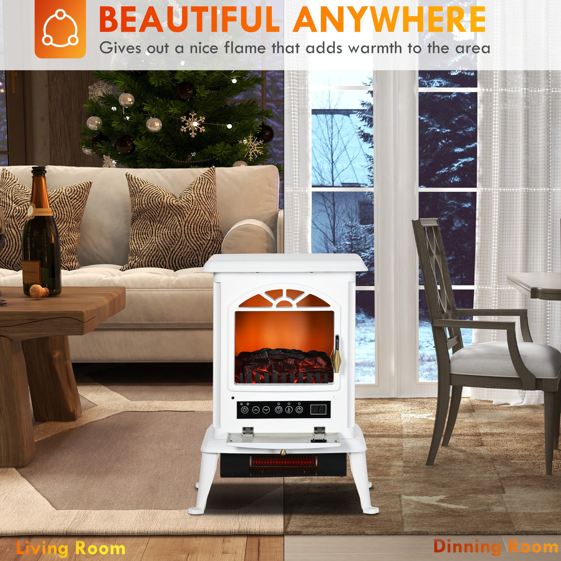 Homcom 23" Electric Infrared Fireplace Stove, Freestanding Fire Place Heater With Realistic Log Flame, Adjustable Temperature, Timer, 1000W 1500W, White White Abs