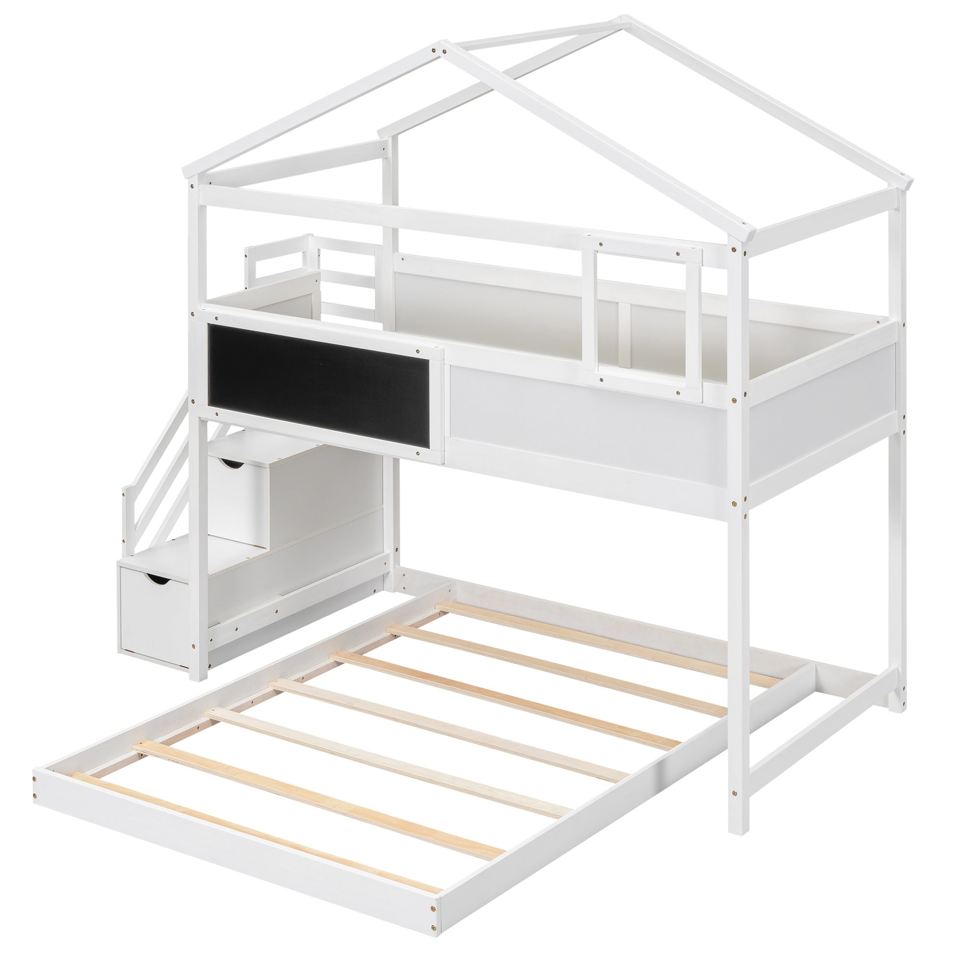 Twin Over Full House Bunk Bed With Storage Staircase And Blackboard,White Old Sku: Gx001701Aak Box Spring Not Required White Wood Bedroom Bunk Pine