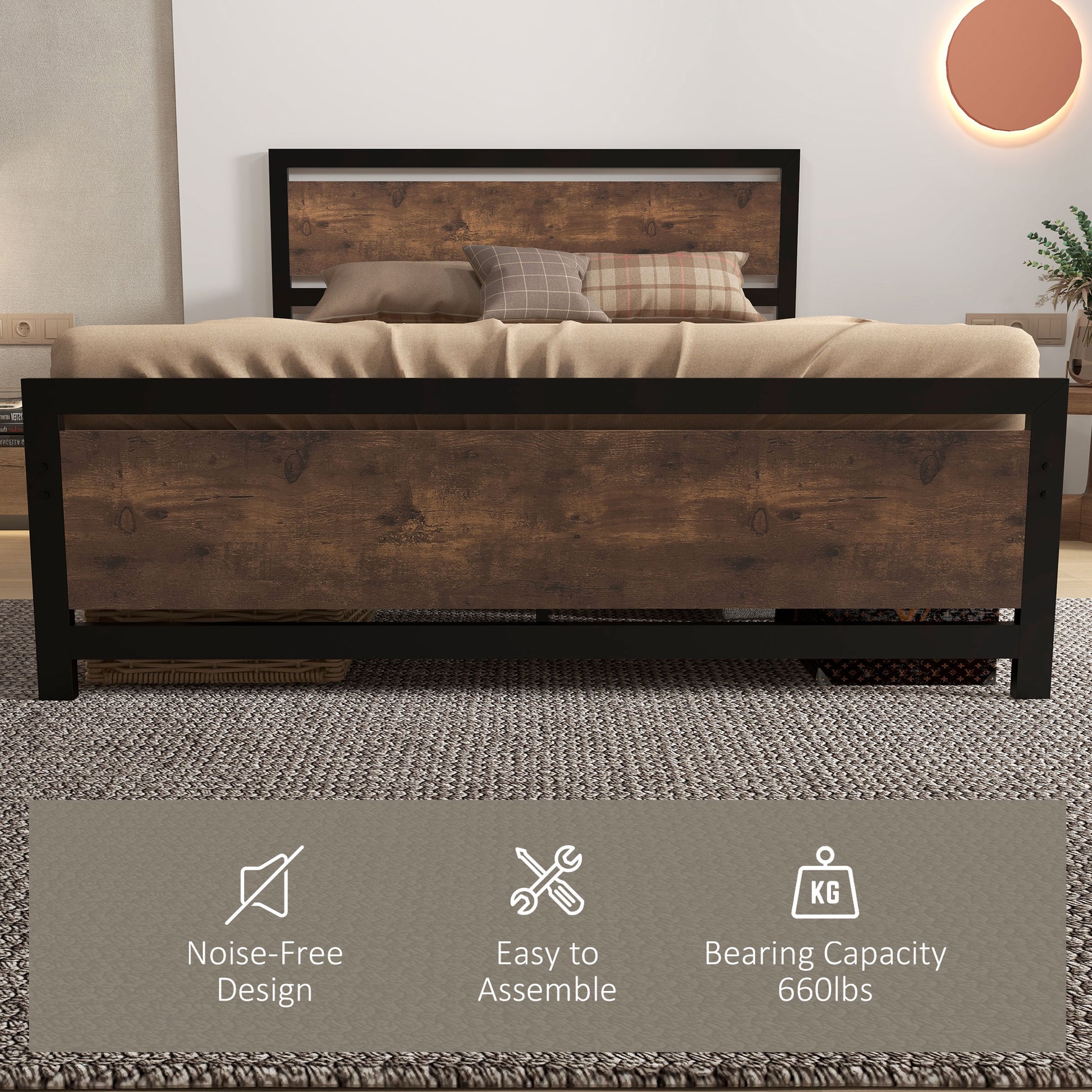 Homcom Full Bed Frame With Headboard & Footboard, Strong Metal Slat Support Bed Frame W Underbed Storage Space, No Box Spring Needed, 56.75''X76.75''X40.5'' Black Mdf