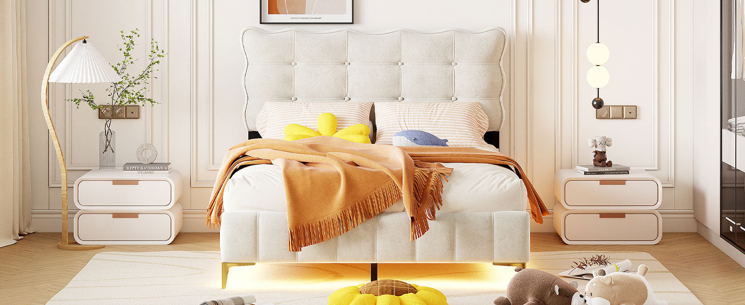 Full Size Velvet Platform Bed With Led Frame And Stylish Mental Bed Legs, Beige Beige Velvet