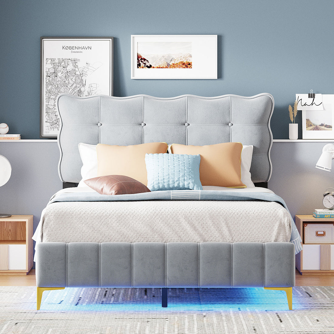 Full Size Velvet Platform Bed With Led Frame And Stylish Mental Bed Legs, Gray Gray Velvet