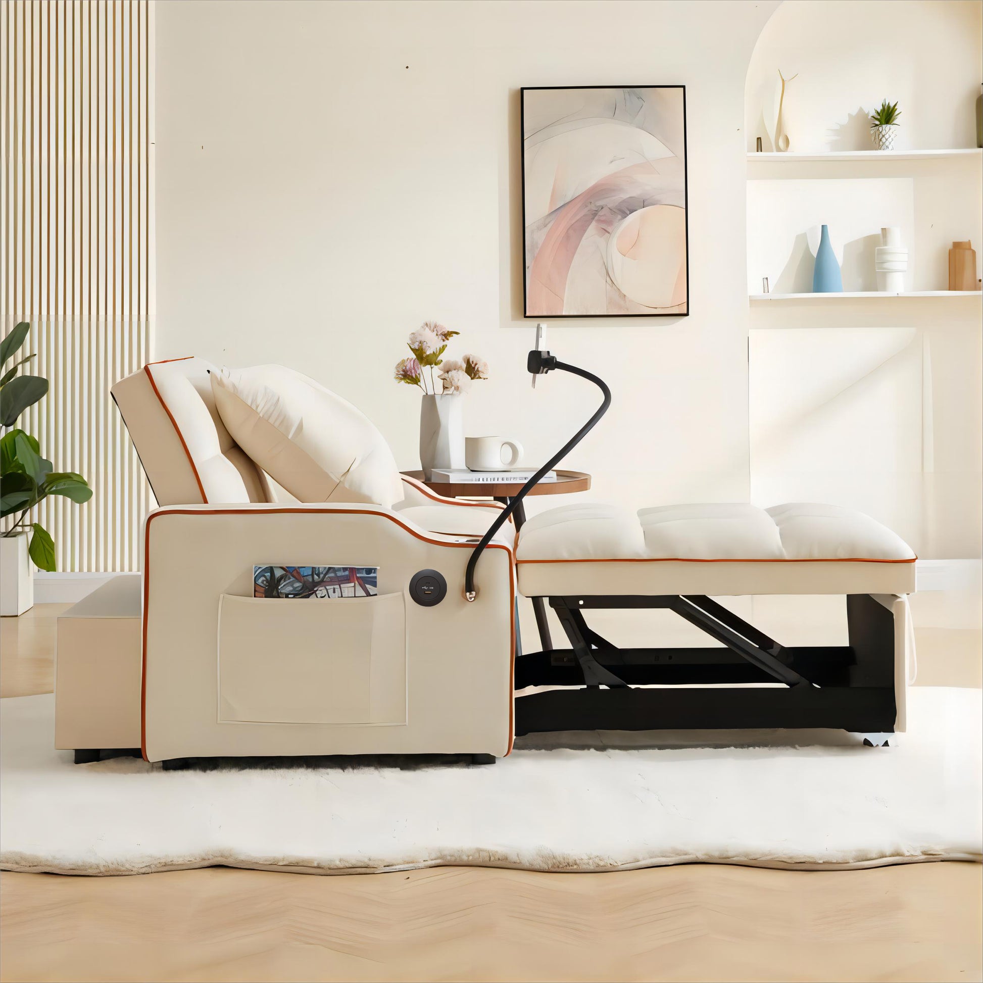 3 In 1 Sofa Bed, Convertible Sleeper Chair Sofa Bed Adjustable Pull Out Sleeper Chair Bed Multi Pockets Folding Sofa Bed For Living Room Bedroom Small Space Beige Velvet 1 Seat