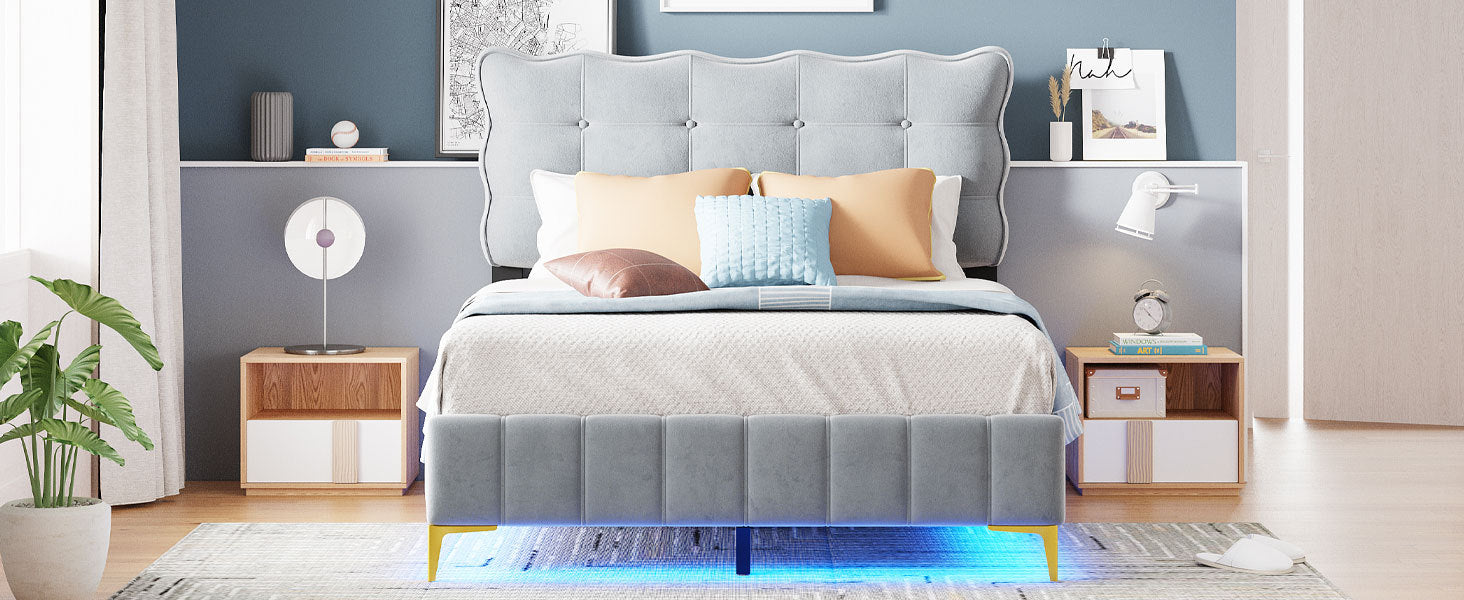 Full Size Velvet Platform Bed With Led Frame And Stylish Mental Bed Legs, Gray Gray Velvet