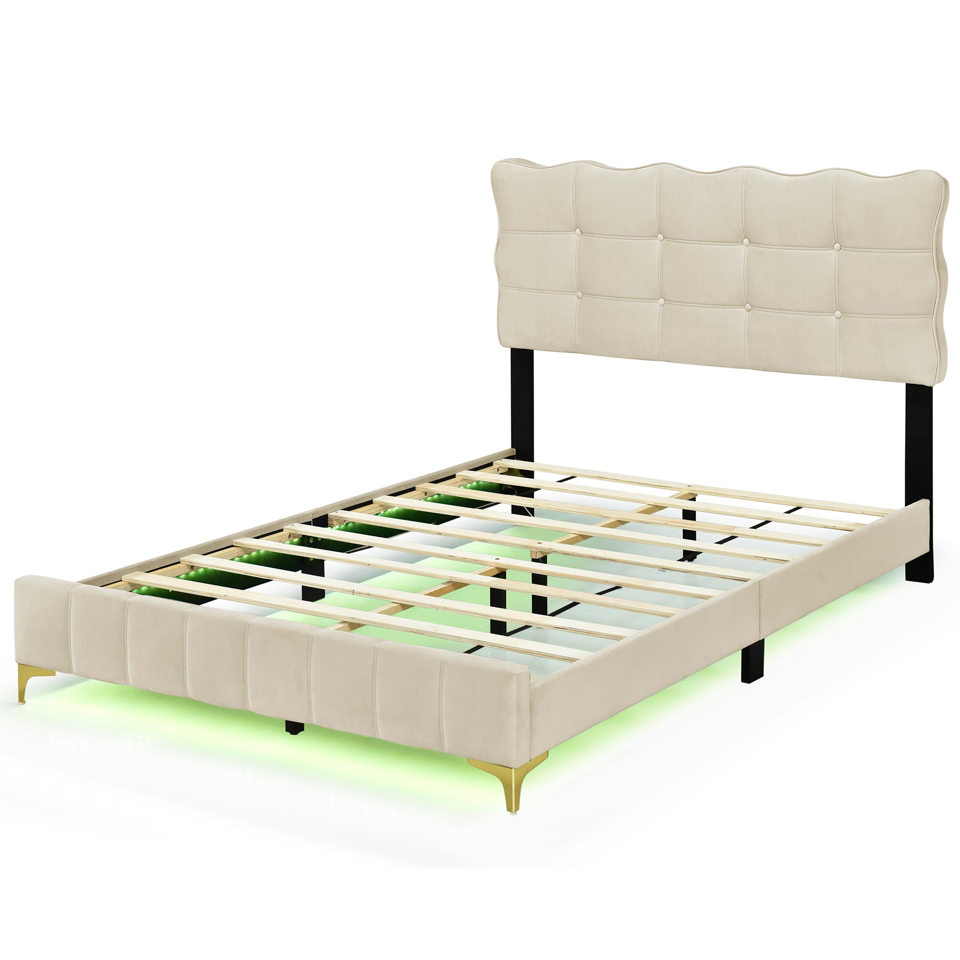 Full Size Velvet Platform Bed With Led Frame And Stylish Mental Bed Legs, Beige Beige Velvet