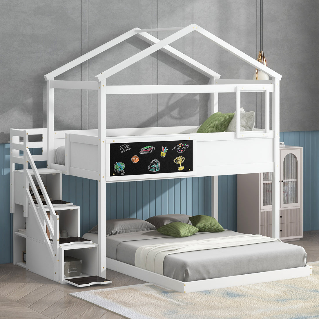 Twin Over Full House Bunk Bed With Storage Staircase And Blackboard,White Old Sku: Gx001701Aak Box Spring Not Required White Wood Bedroom Bunk Pine