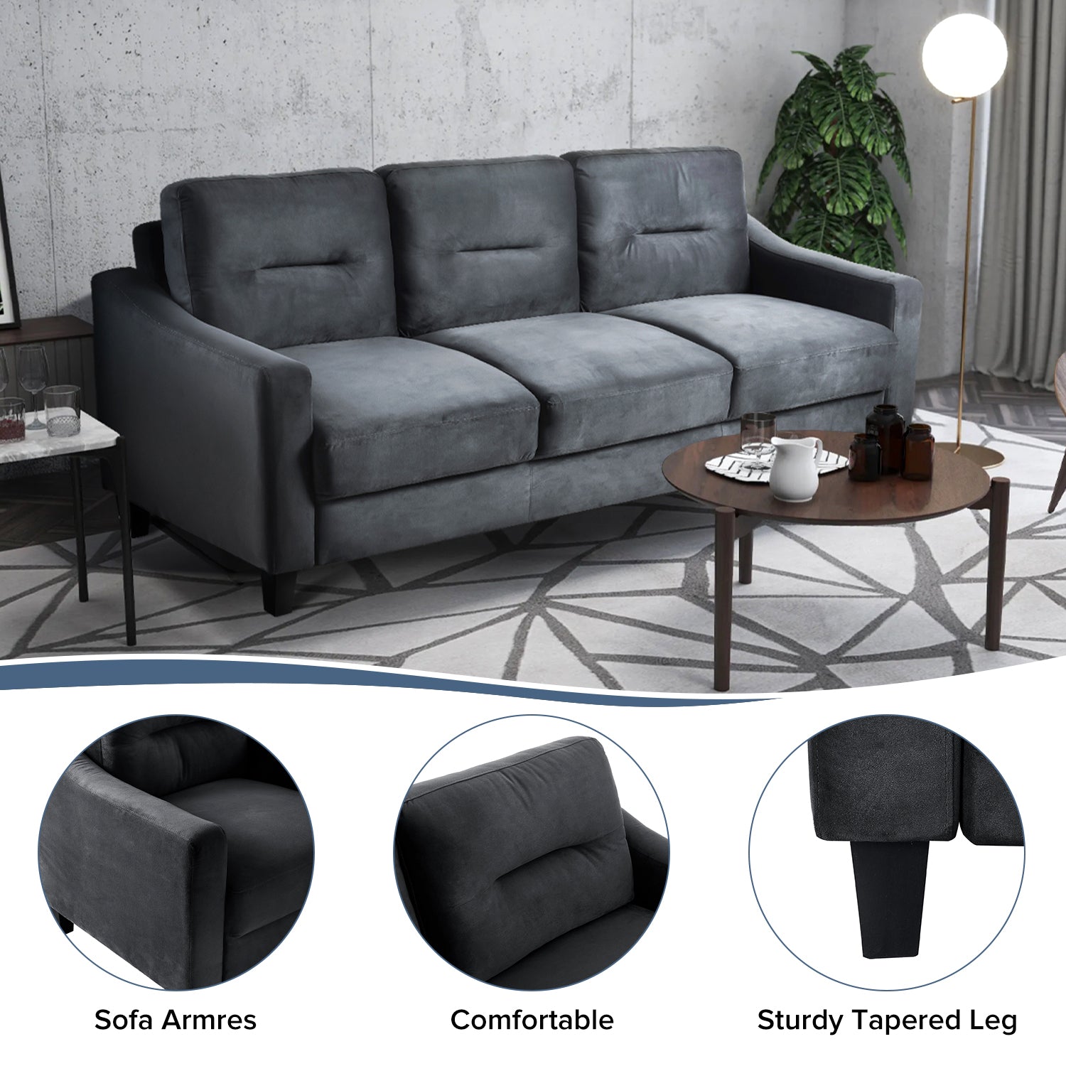 Couch Comfortable Sectional Couches And Sofas For Living Room Bedroom Office Small Space Black Wood Primary Living Space Soft Rubberwood Velvet 3 Seat