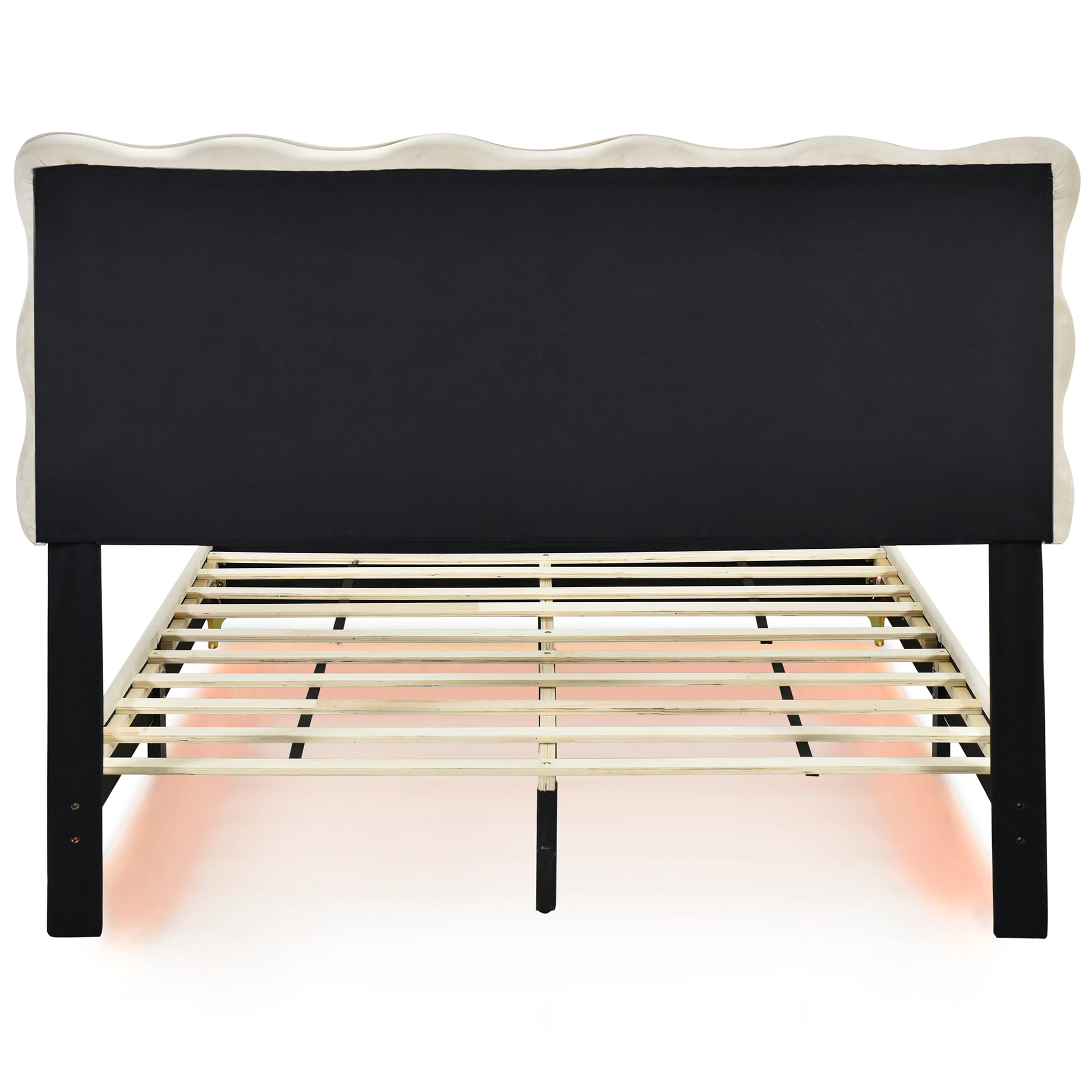 Full Size Velvet Platform Bed With Led Frame And Stylish Mental Bed Legs, Beige Beige Velvet