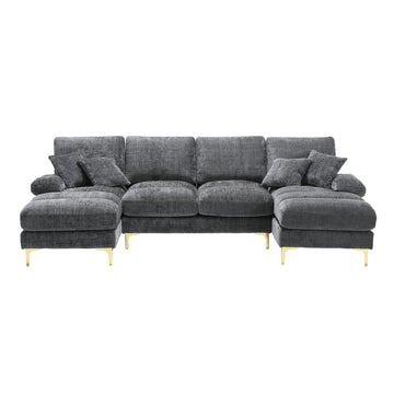 United Modern Large Chenille Fabric U Shape Sectional Sofa Gray Chenille