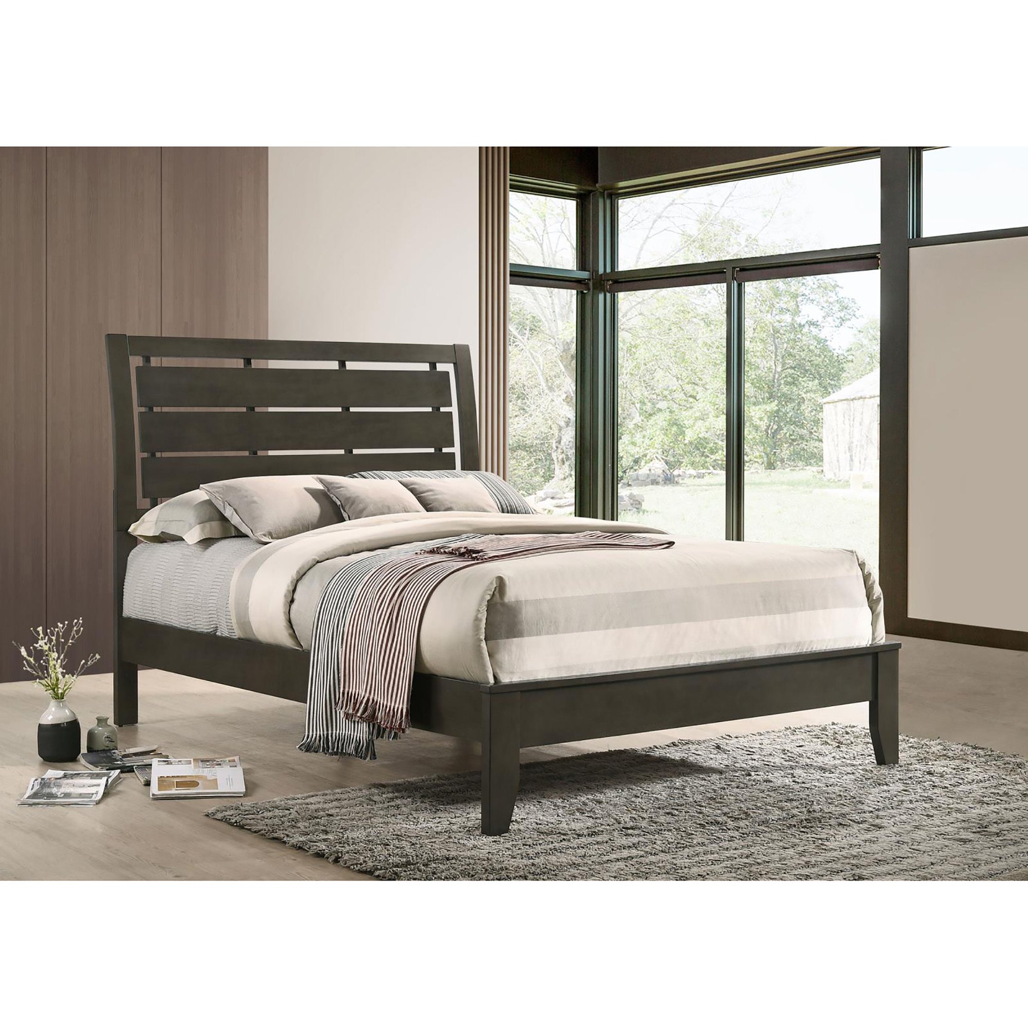 Mod Grey Slat Back Queen Panel Bed Box Spring Required Queen Grey Wood Gray Bedroom Transitional Rubberwood Panel Wood