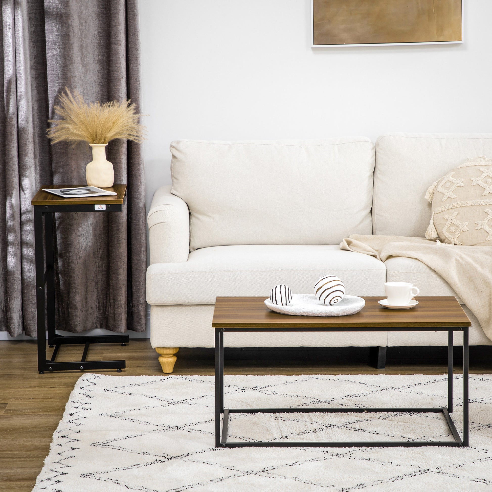 Homcom Nesting Tables Set Of 2, Industrial Coffee Table Set With Metal Frame & Adjustable Foot Pads, Living Room Furniture, Brown Natural Mdf