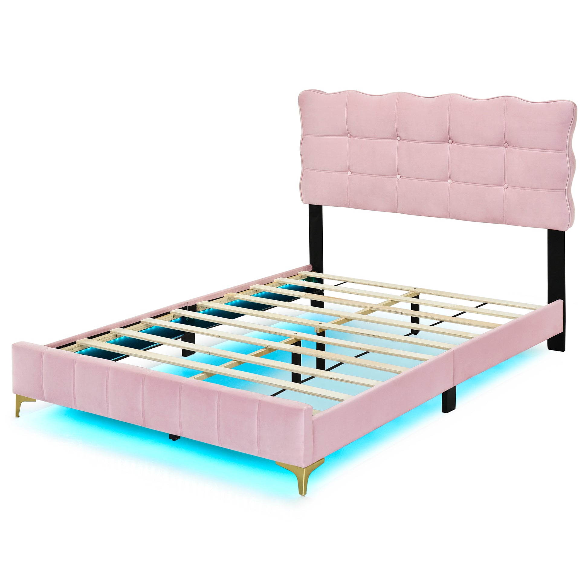Full Size Velvet Platform Bed With Led Frame And Stylish Mental Bed Legs, Pink Pink Velvet