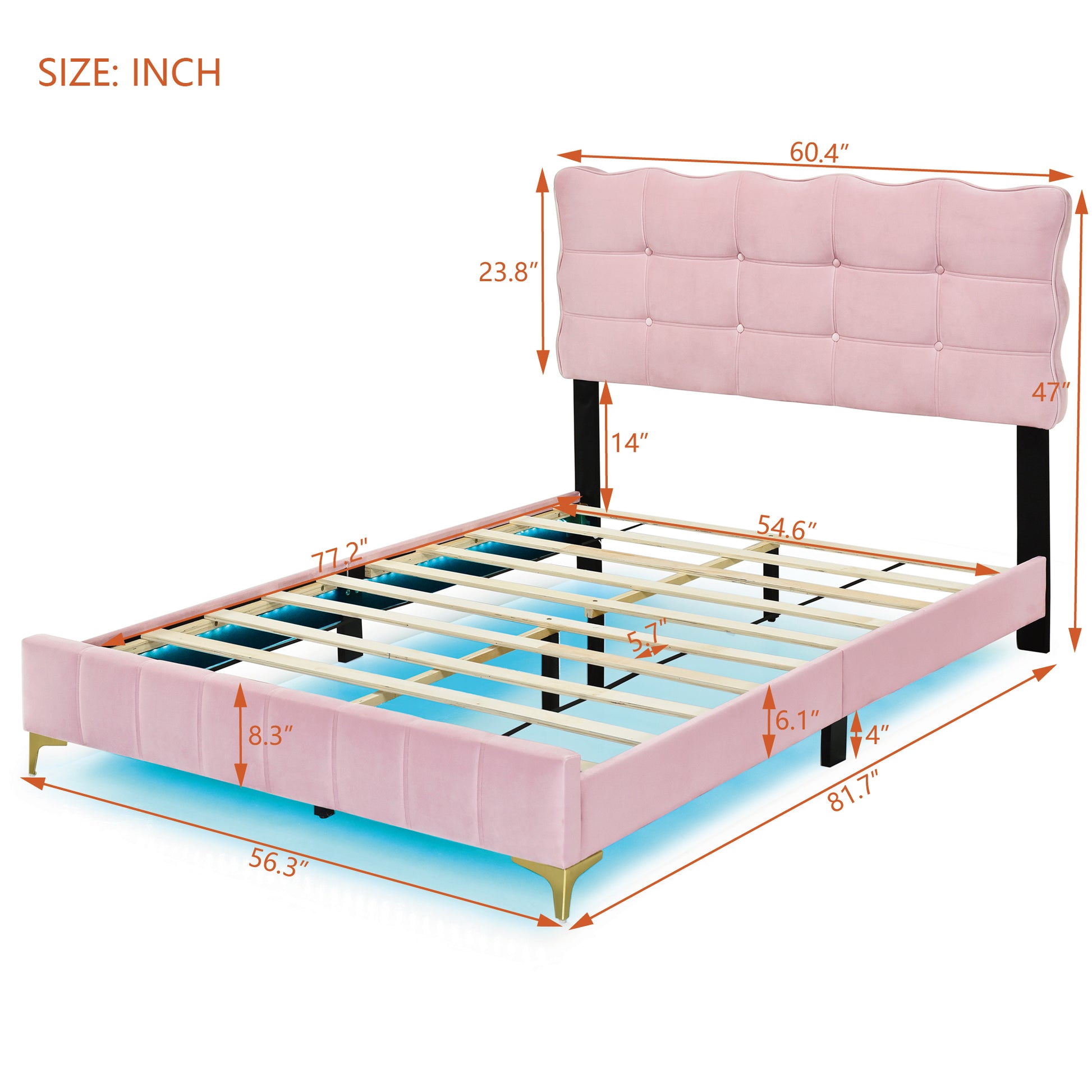 Full Size Velvet Platform Bed With Led Frame And Stylish Mental Bed Legs, Pink Pink Velvet