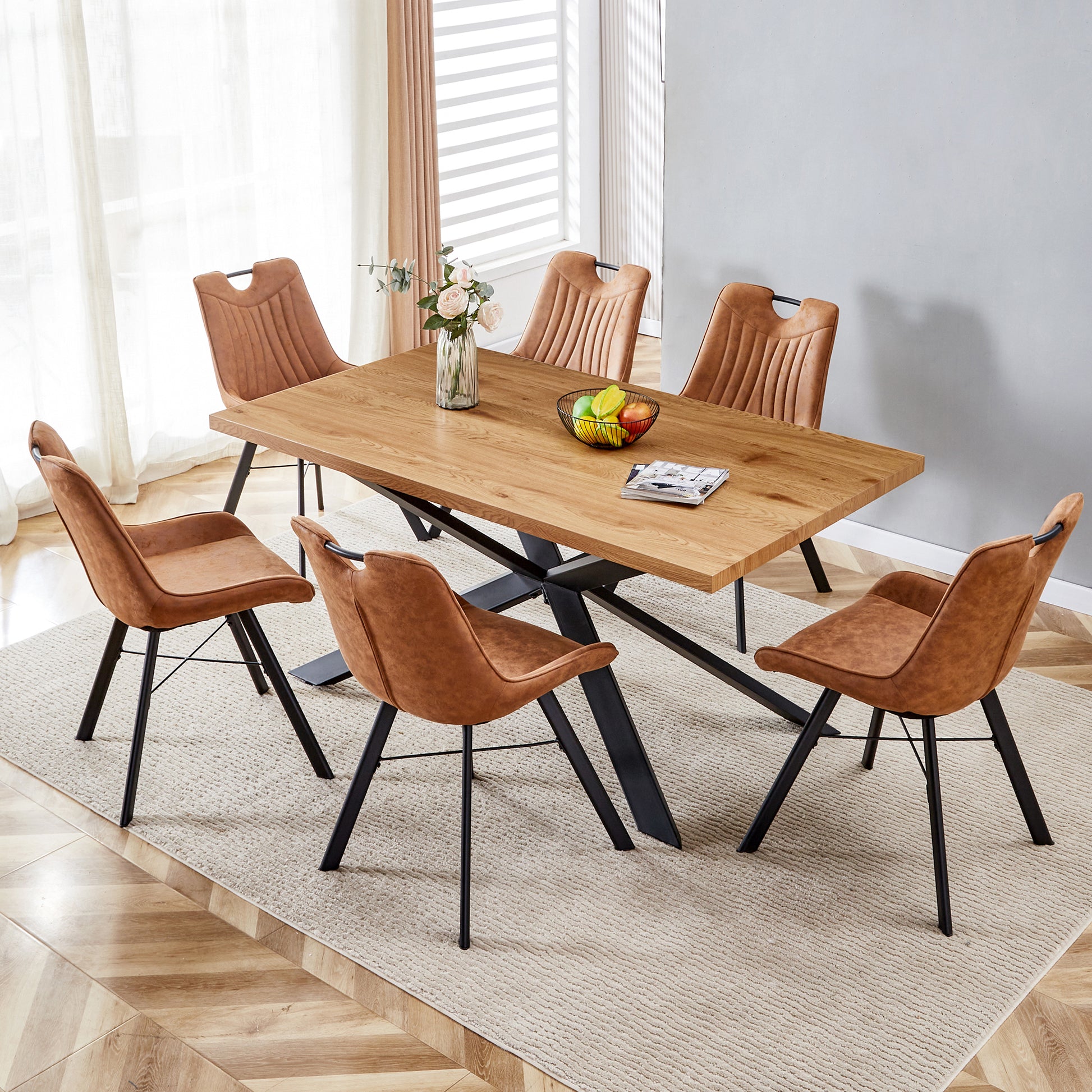 63 Inch, Rectangle Dining Table Set For 4 6 People, Oak Wood Effect, Ideal For Kitchen, Dining, Living, Meeting, Banquet Oak Dining Room Modern Rectangular Kitchen & Dining Tables Mdf Steel