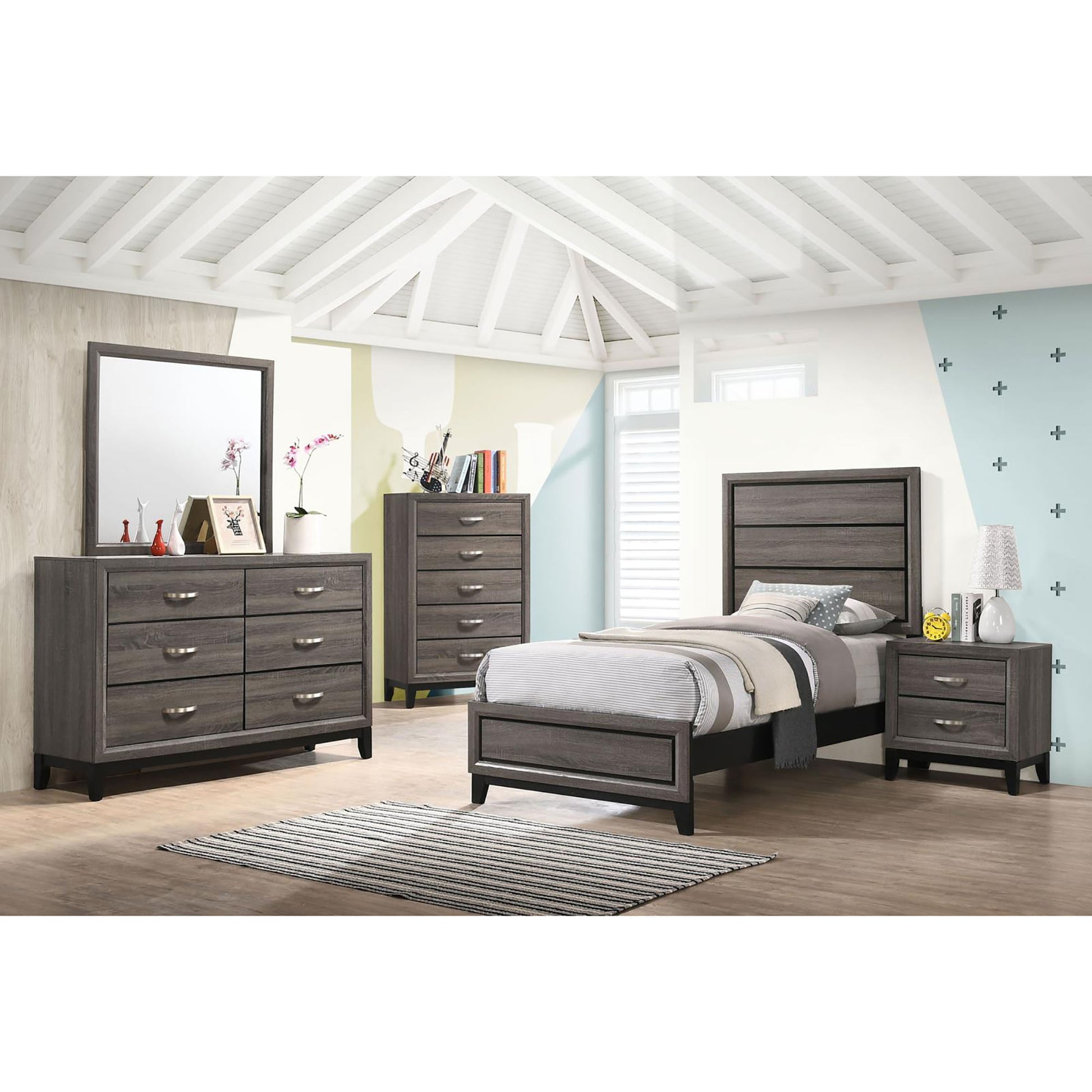 Grey Oak Twin Panel Bed Box Spring Required Twin Grey Wood Bedroom Transitional Kids Wood