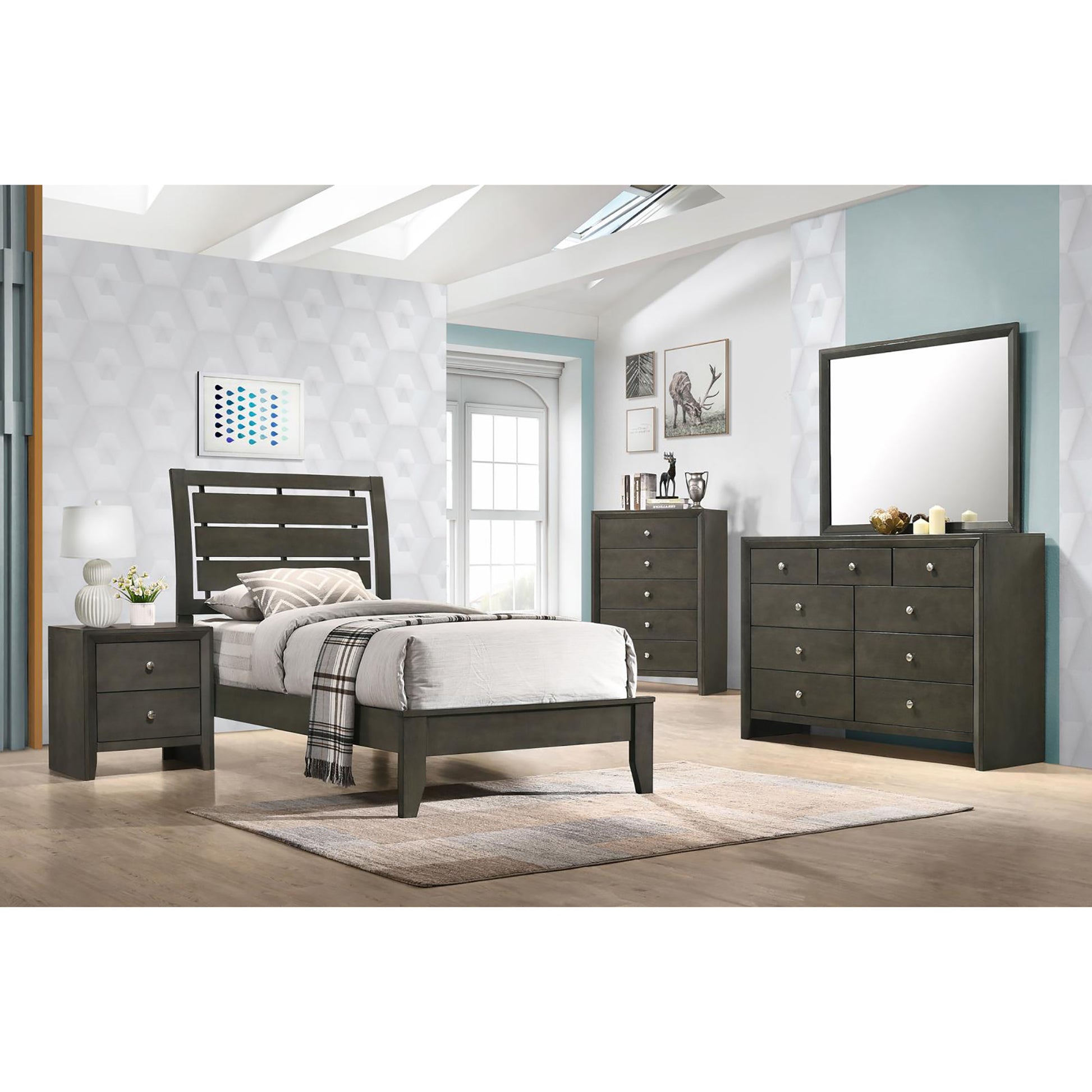 Mod Grey Slat Back Twin Panel Bed Box Spring Required Twin Grey Wood Bedroom Transitional Rubberwood Panel Wood