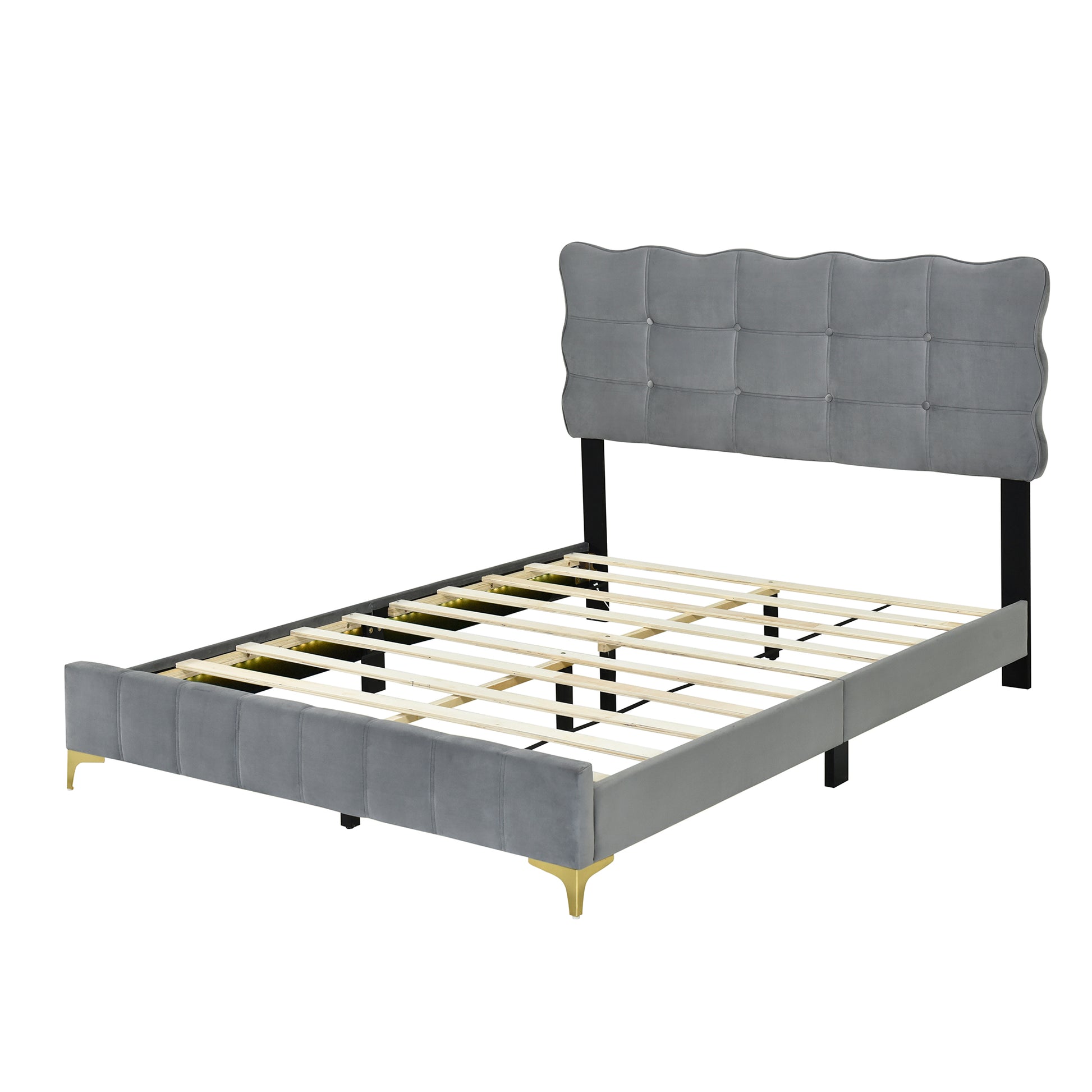 Full Size Velvet Platform Bed With Led Frame And Stylish Mental Bed Legs, Gray Gray Velvet