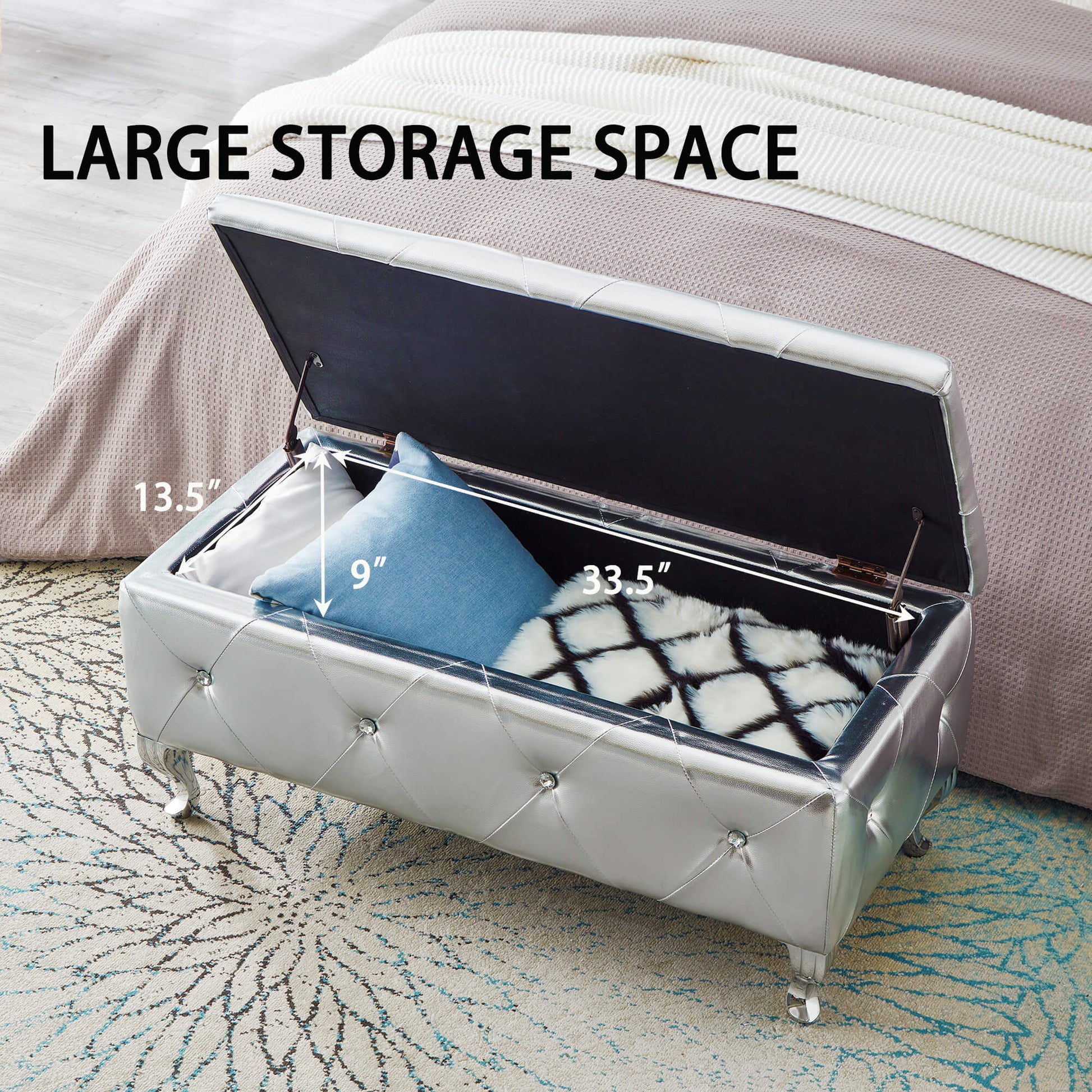 Upholstered Storage Ottoman Bench For Bedroom End Of Bed Faux Leather Rectangular Storage Benches Footrest With Crystal Buttons For Living Room Entryway Silver White Wood Bedroom Black Pattern Pine