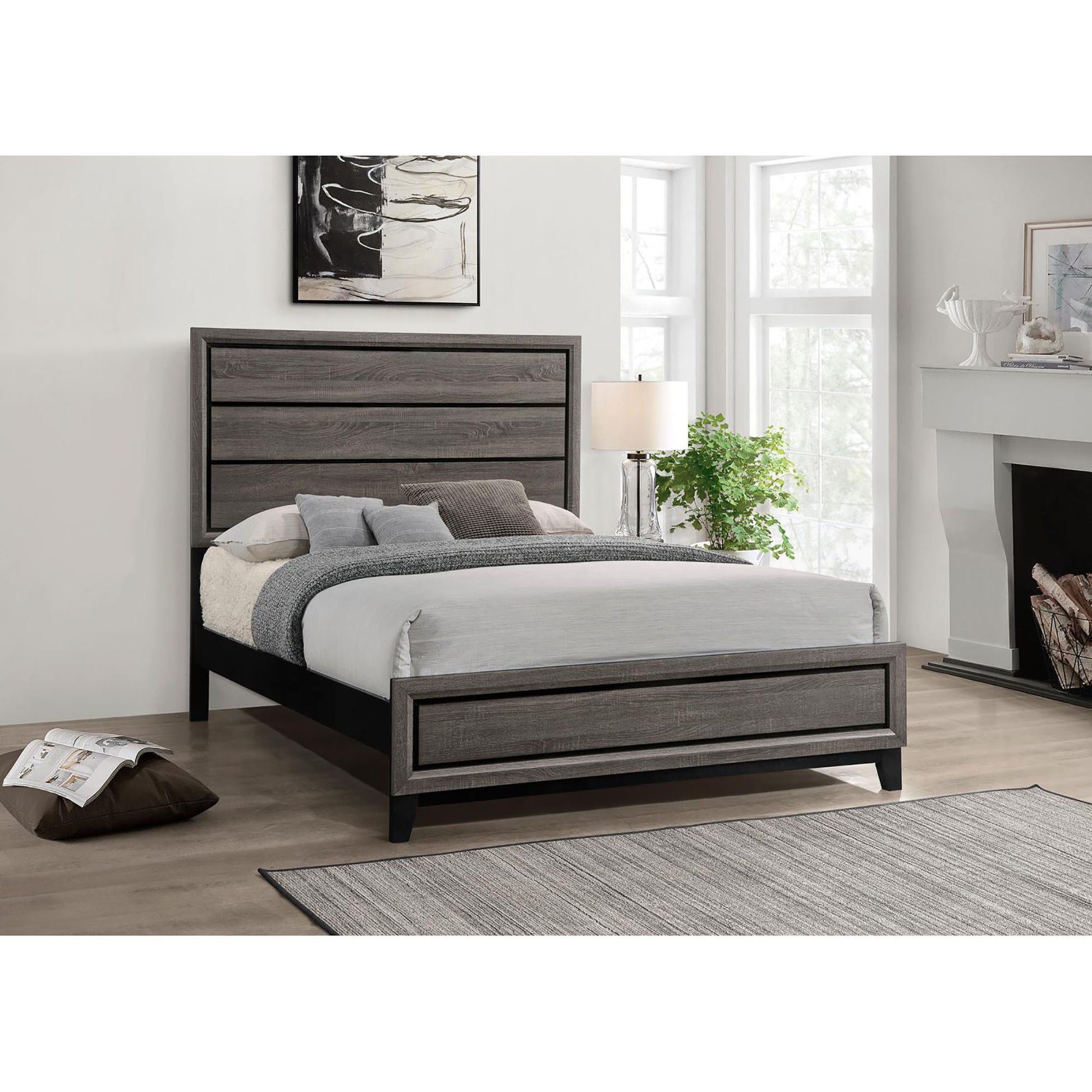 Rustic Grey Oak Queen Panel Bed Box Spring Required Queen Grey Wood Bedroom Transitional Rubberwood Panel Wood