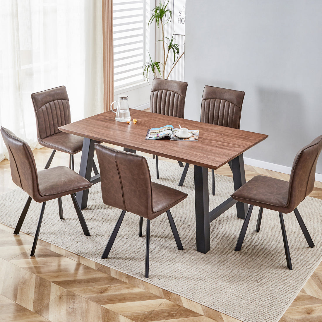 63 Inch Rectangle Dining Table Set For 4 6 People, Walnut Wood Effect, Suitable For Kitchens, Restaurants, And Living Rooms, 63" W X 35.43"D X 30" Dark Oak Dining Room Antique,Modern Kitchen & Dining Tables Mdf Steel