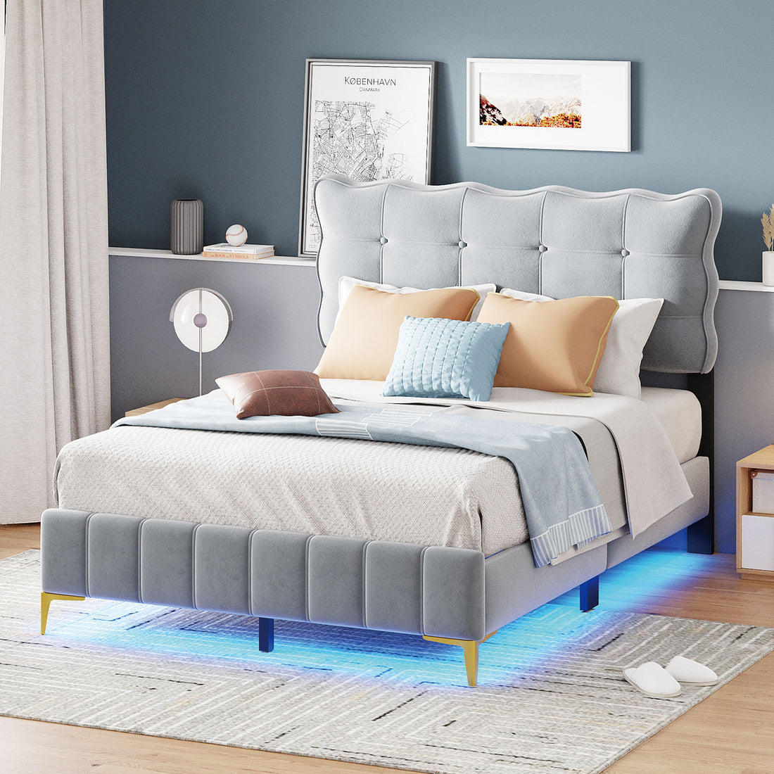 Full Size Velvet Platform Bed With Led Frame And Stylish Mental Bed Legs, Gray Gray Velvet