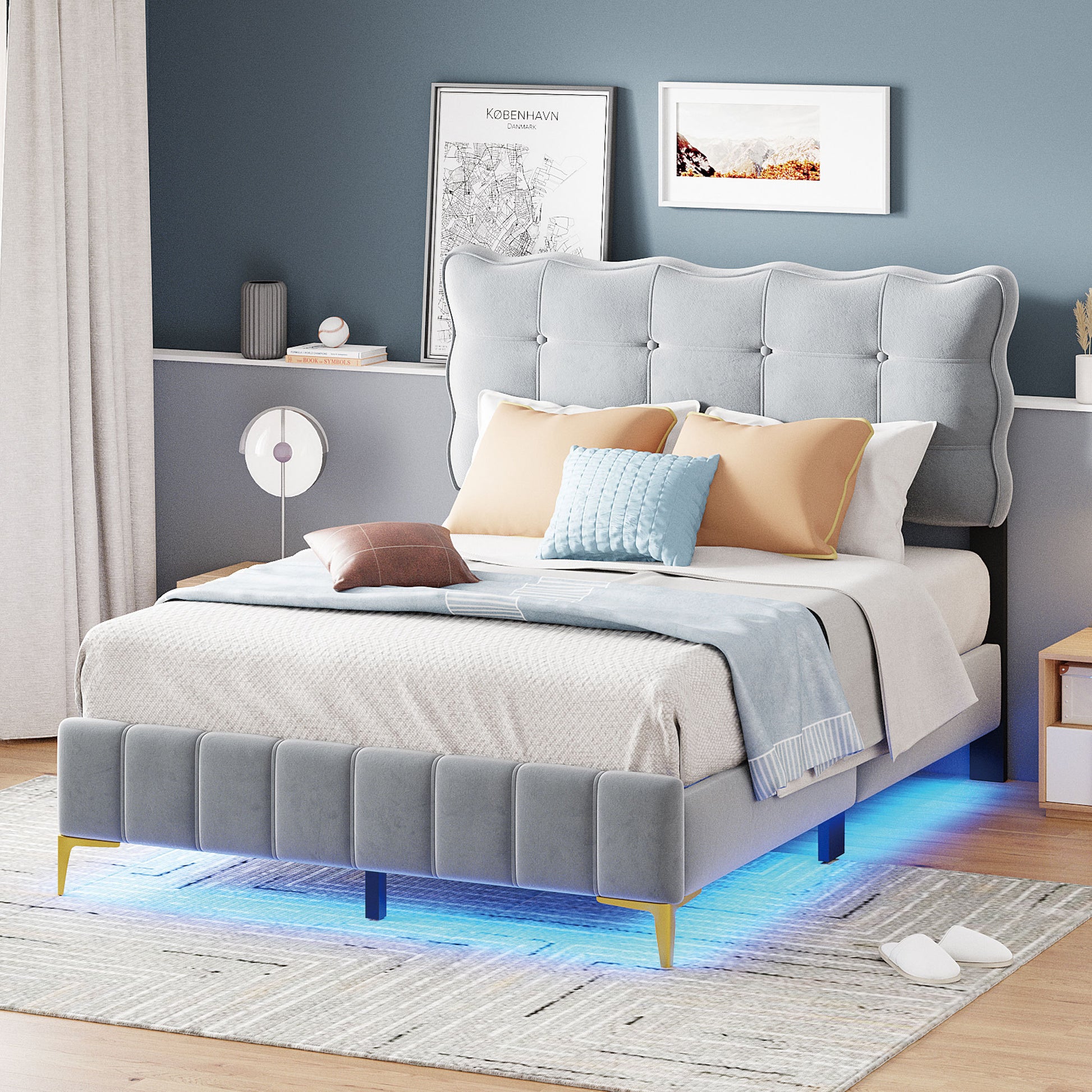 Full Size Velvet Platform Bed With Led Frame And Stylish Mental Bed Legs, Gray Gray Velvet