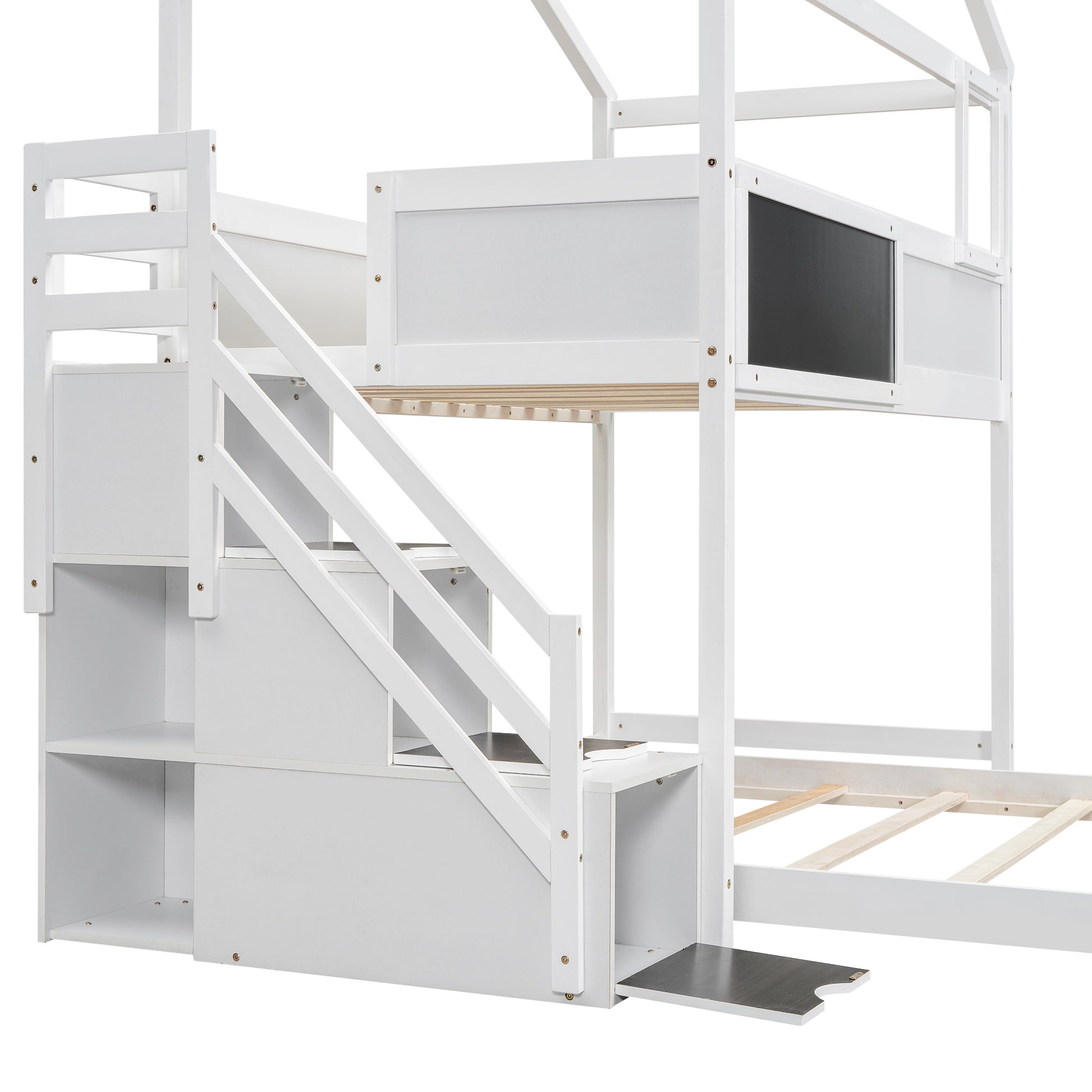 Twin Over Full House Bunk Bed With Storage Staircase And Blackboard,White Old Sku: Gx001701Aak Box Spring Not Required White Wood Bedroom Bunk Pine