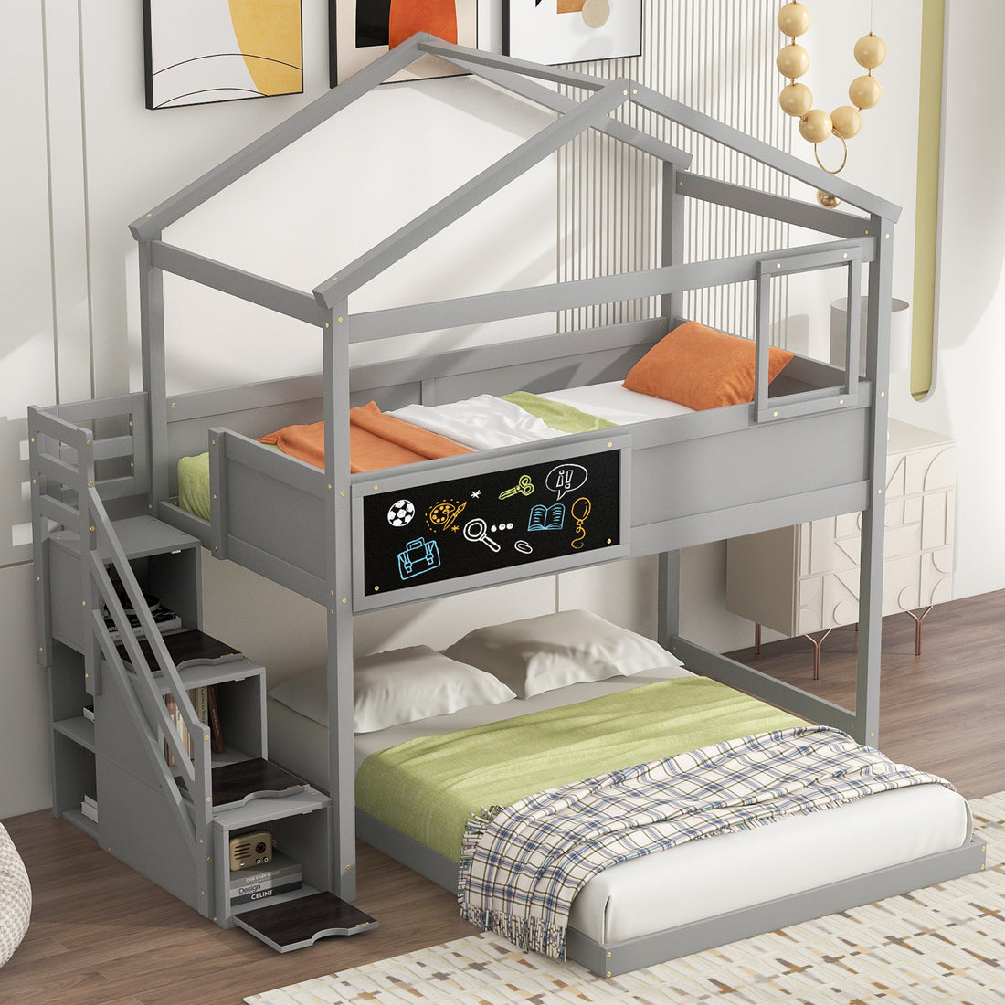 Twin Over Full House Bunk Bed With Storage Staircase And Blackboard,Gray Old Sku: Gx001701Aae Box Spring Not Required Gray Wood Bedroom Bunk Pine