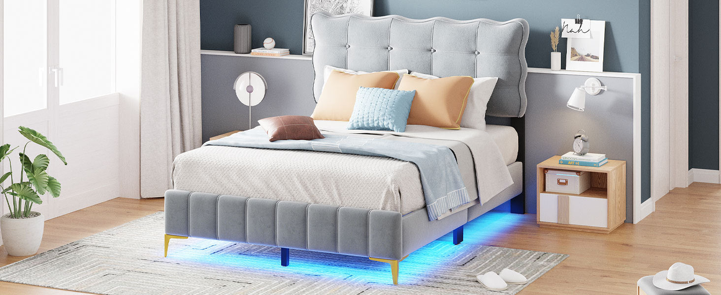 Full Size Velvet Platform Bed With Led Frame And Stylish Mental Bed Legs, Gray Gray Velvet