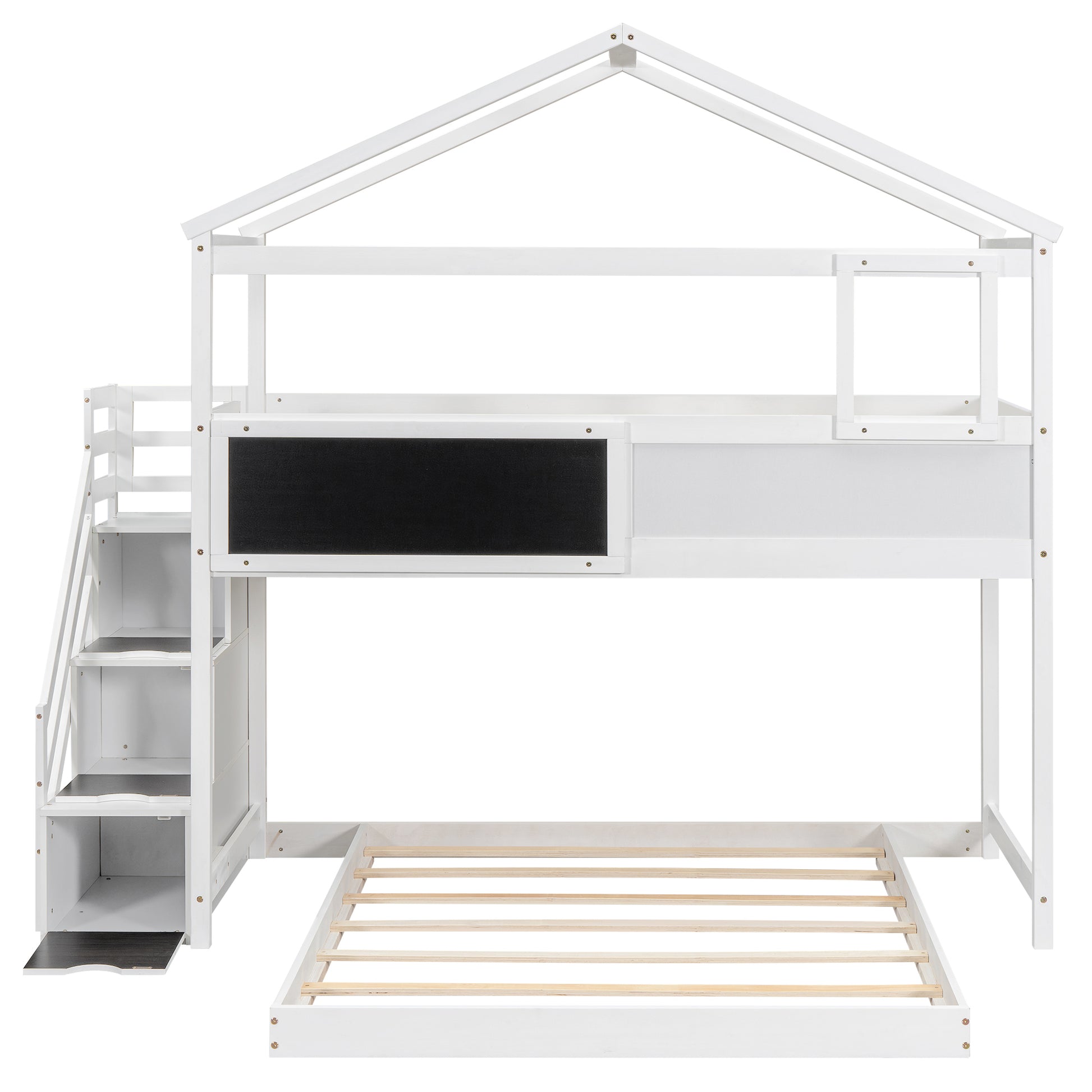 Twin Over Full House Bunk Bed With Storage Staircase And Blackboard,White Old Sku: Gx001701Aak Box Spring Not Required White Wood Bedroom Bunk Pine
