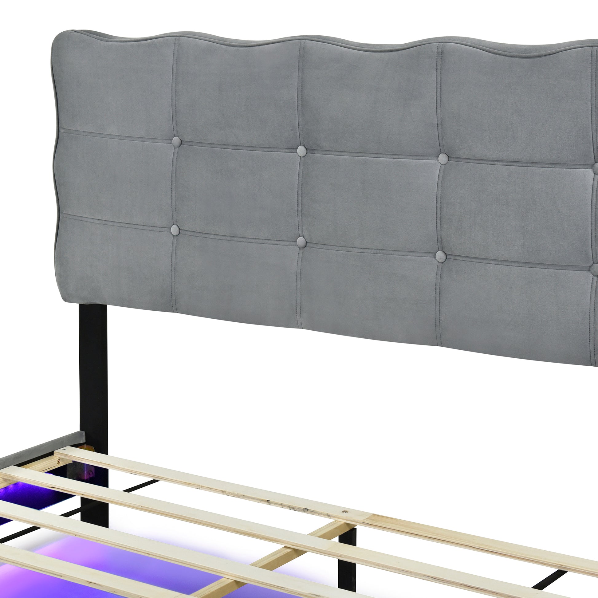 Queen Size Velvet Platform Bed With Led Frame And Stylish Mental Bed Legs, Gray Gray Velvet
