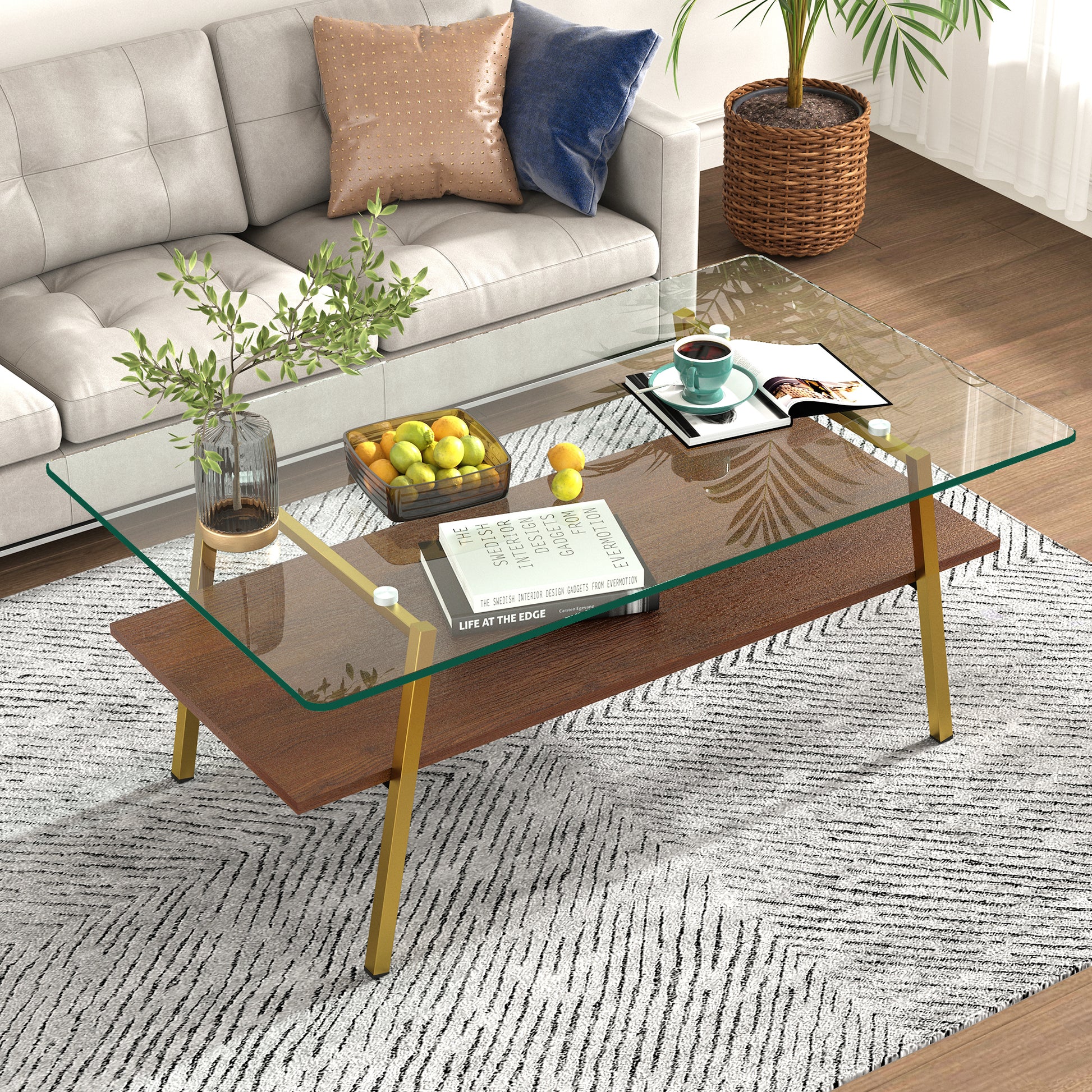 Rectangle Coffee Table, Tempered Glass Tabletop With Gold Metal Legs, Modern Table For Living Roomtransparent Glass Transparent Tempered Glass