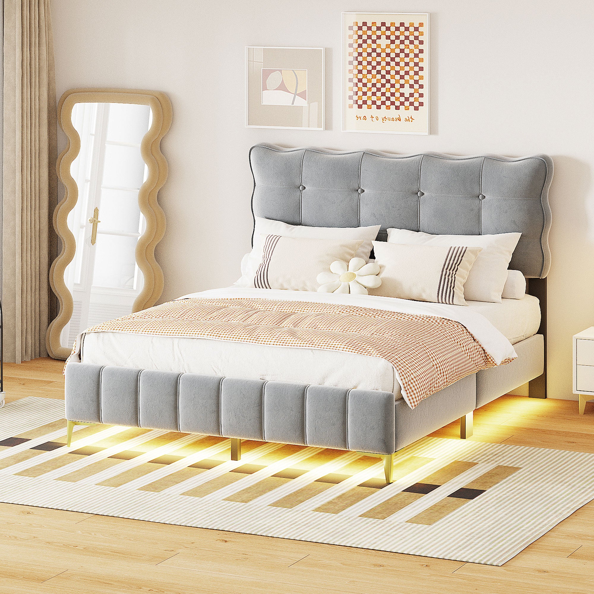 Queen Size Velvet Platform Bed With Led Frame And Stylish Mental Bed Legs, Gray Gray Velvet