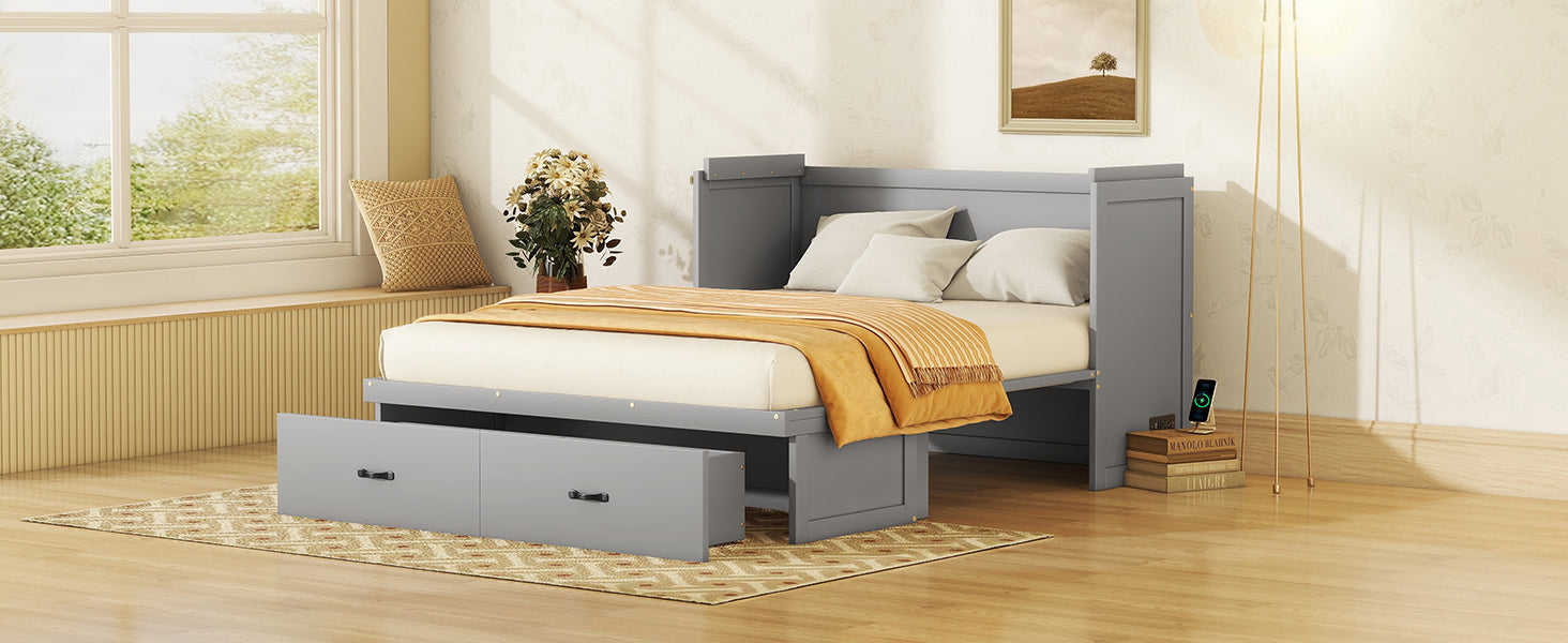 Queen Size Murphy Bed With Usb Port And A Large Drawer, Gray Gray Solid Wood Mdf