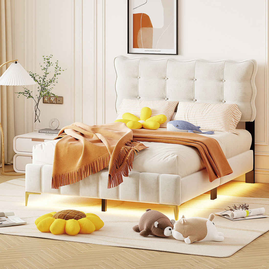 Full Size Velvet Platform Bed With Led Frame And Stylish Mental Bed Legs, Beige Beige Velvet
