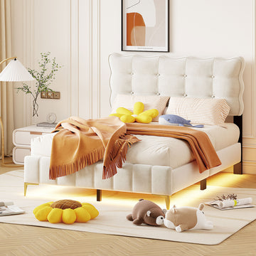 Full Size Velvet Platform Bed With Led Frame And Stylish Mental Bed Legs, Beige Beige Velvet