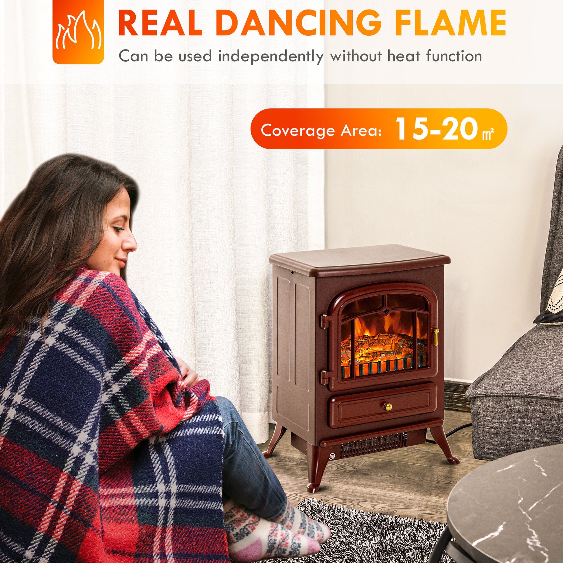 Homcom 22" Electric Fireplace Heater, Freestanding Fire Place Stove With Realistic Led Flames And Logs, And Overheating Protection, 750W 1500W, Red Red Tempered Glass