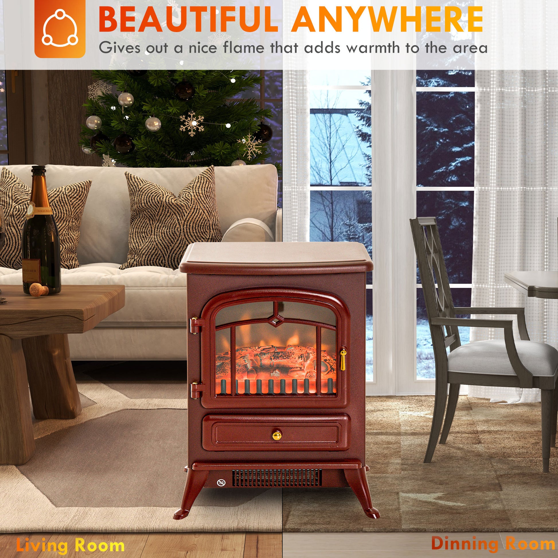 Homcom 22" Electric Fireplace Heater, Freestanding Fire Place Stove With Realistic Led Flames And Logs, And Overheating Protection, 750W 1500W, Red Red Tempered Glass