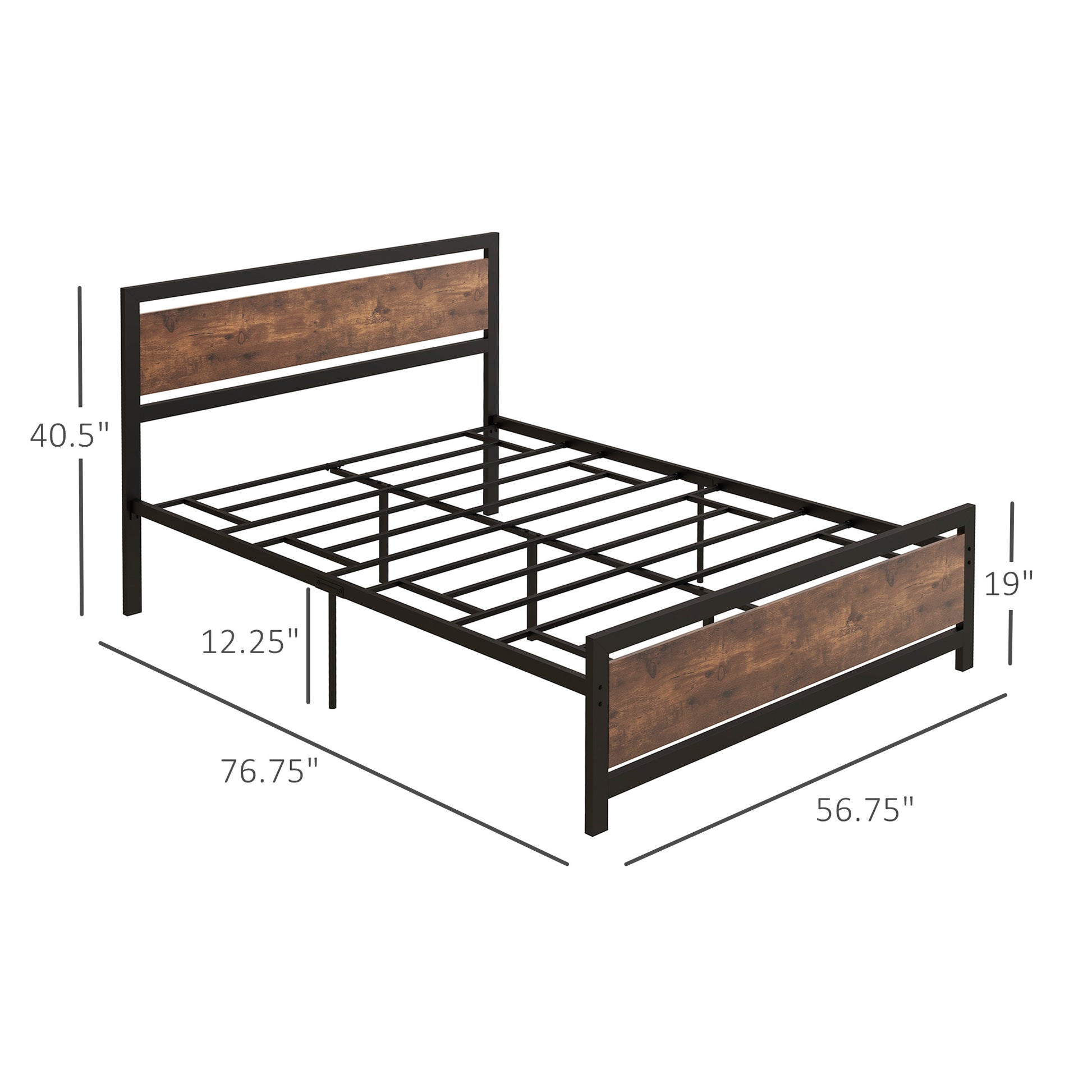 Homcom Full Bed Frame With Headboard & Footboard, Strong Metal Slat Support Bed Frame W Underbed Storage Space, No Box Spring Needed, 56.75''X76.75''X40.5'' Black Mdf