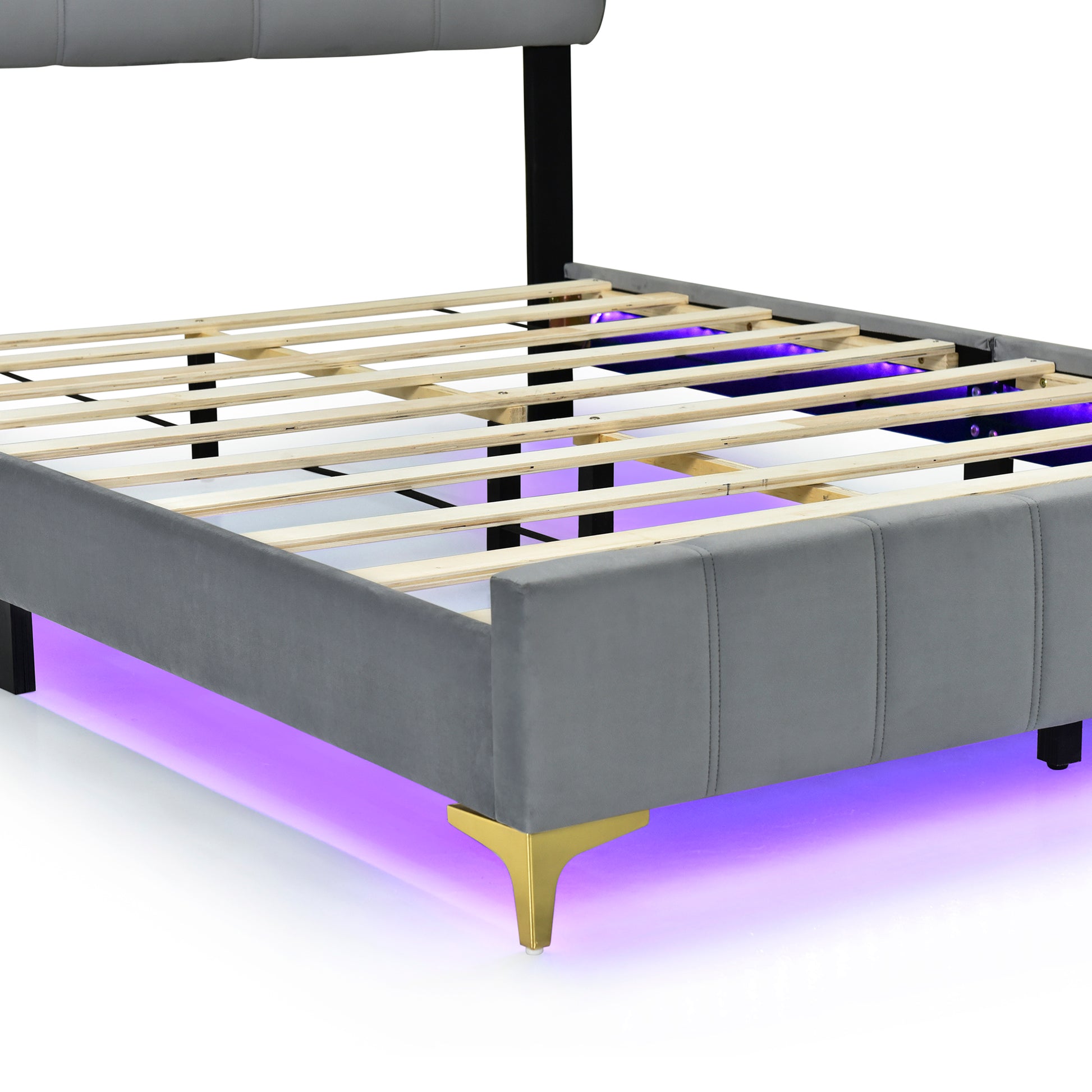 Full Size Velvet Platform Bed With Led Frame And Stylish Mental Bed Legs, Gray Gray Velvet
