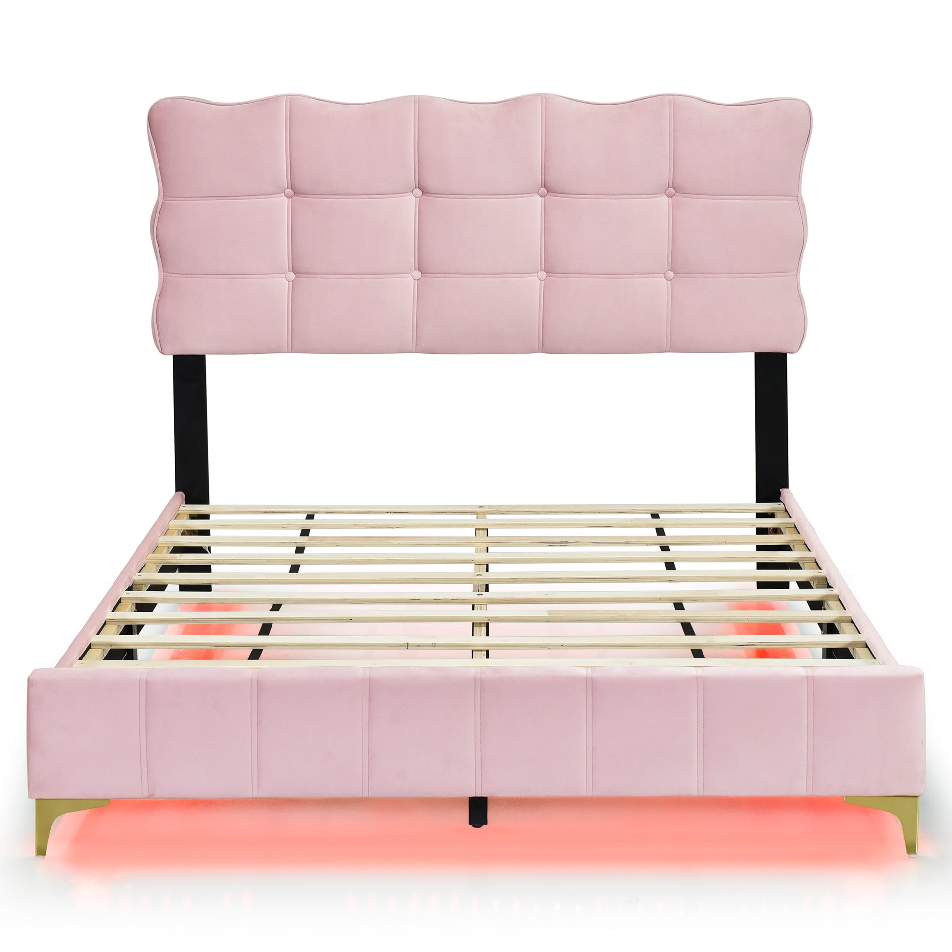 Full Size Velvet Platform Bed With Led Frame And Stylish Mental Bed Legs, Pink Pink Velvet