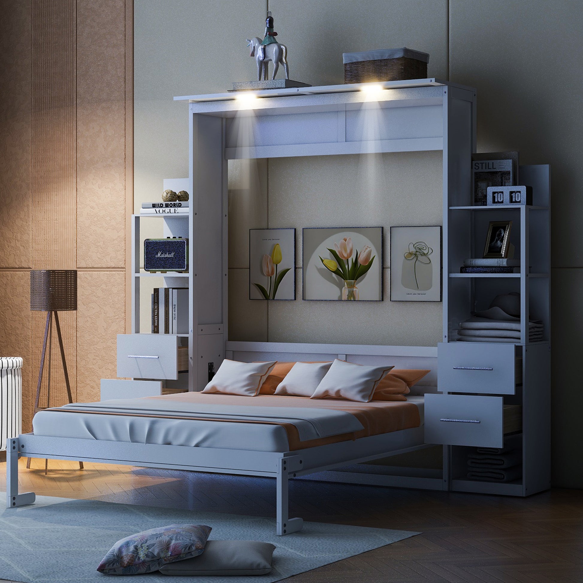 Queen Size Murphy Bed Wall Bed With Shelves, Drawers And Led Lights,White Queen White Mdf Lvl