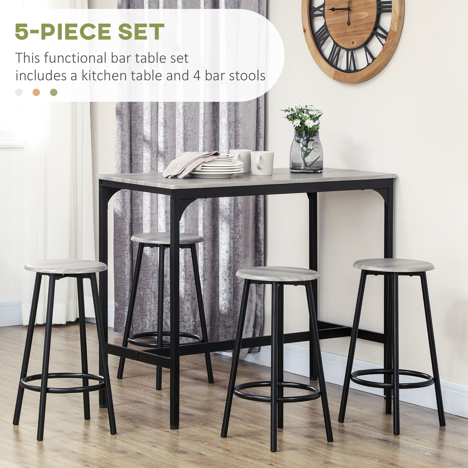 Homcom 5 Piece Counter Height Bar Table Set, Rustic 43.25" Dining Table With 4 Bar Stools, Kitchen Table With Wooden Top For Pub, Dining Room, Gray Gray Mdf